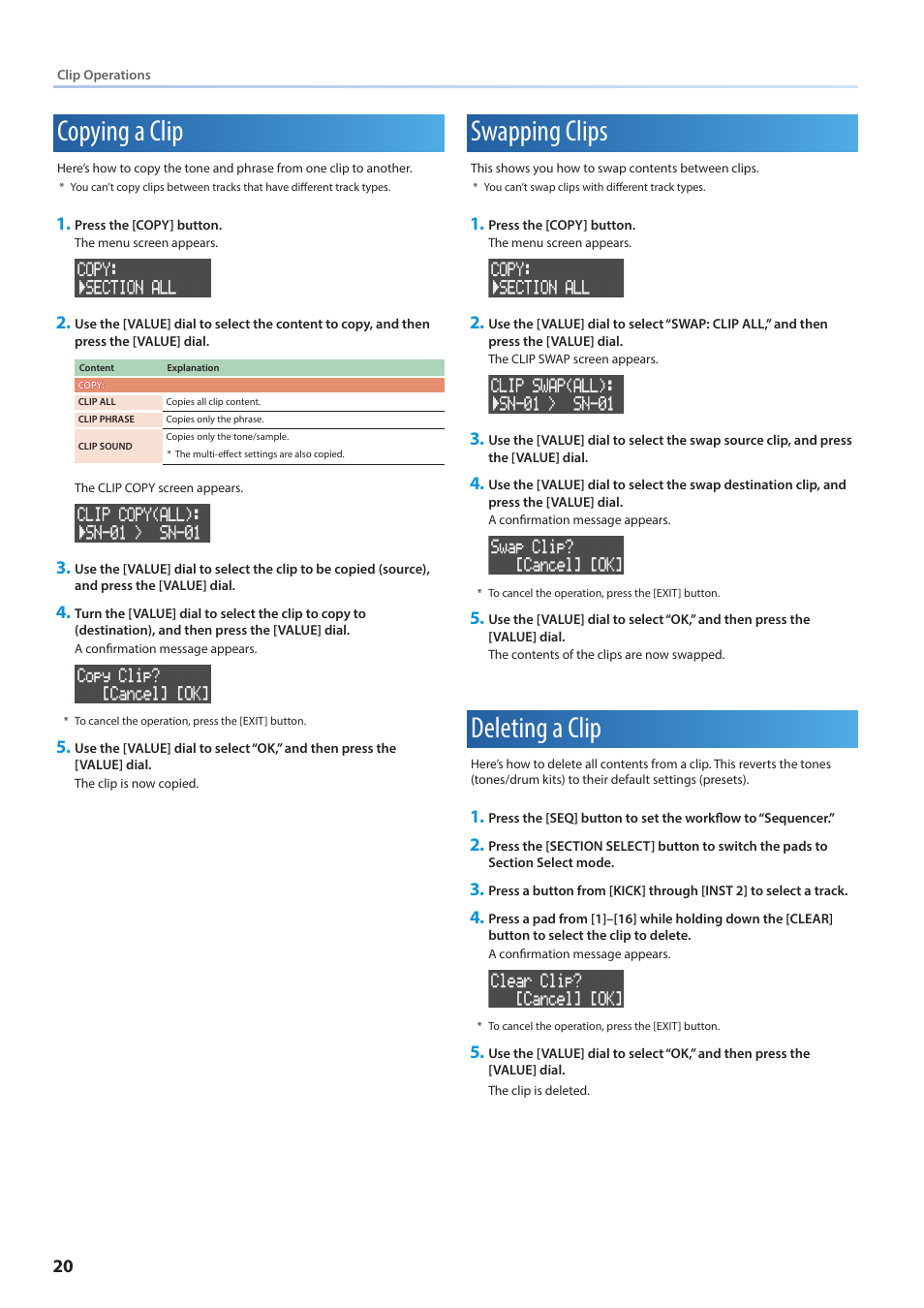 Copying a clip, Swapping clips, Deleting a clip | Roland VERSELAB MV1 Music Production Workstation User Manual | Page 20 / 48