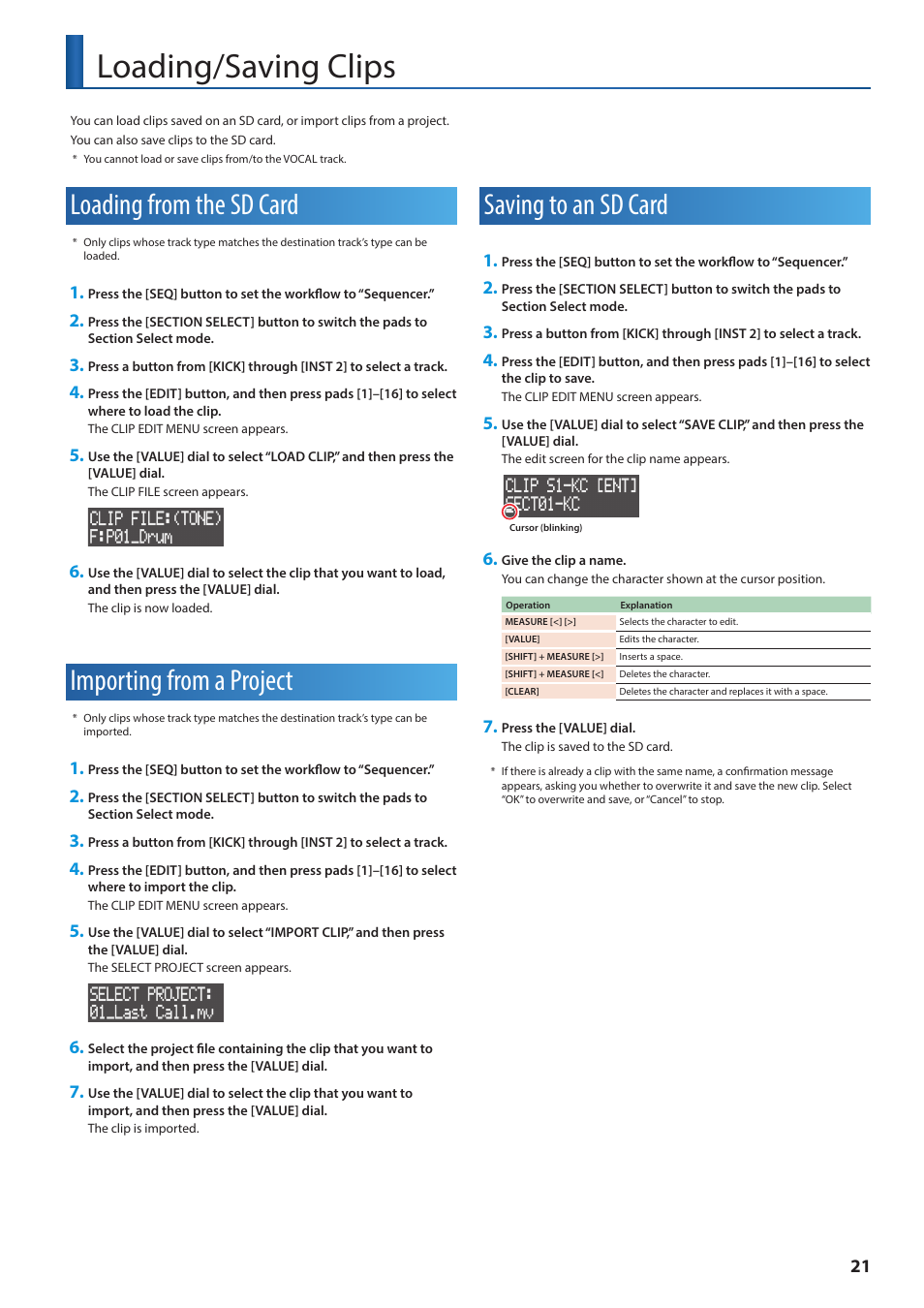 Loading/saving clips, Loading from the sd card, Importing from a project | Saving to an sd card, Loading/saving clips” (p. 21) | Roland VERSELAB MV1 Music Production Workstation User Manual | Page 21 / 48