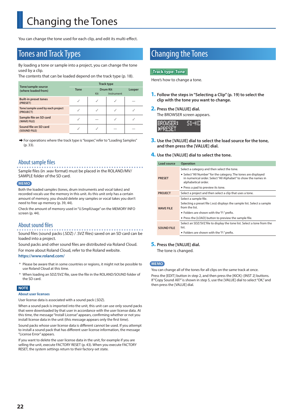 Changing the tones, Tones and track types, Changing the tones” (p. 22) | About sample files, About sound files | Roland VERSELAB MV1 Music Production Workstation User Manual | Page 22 / 48