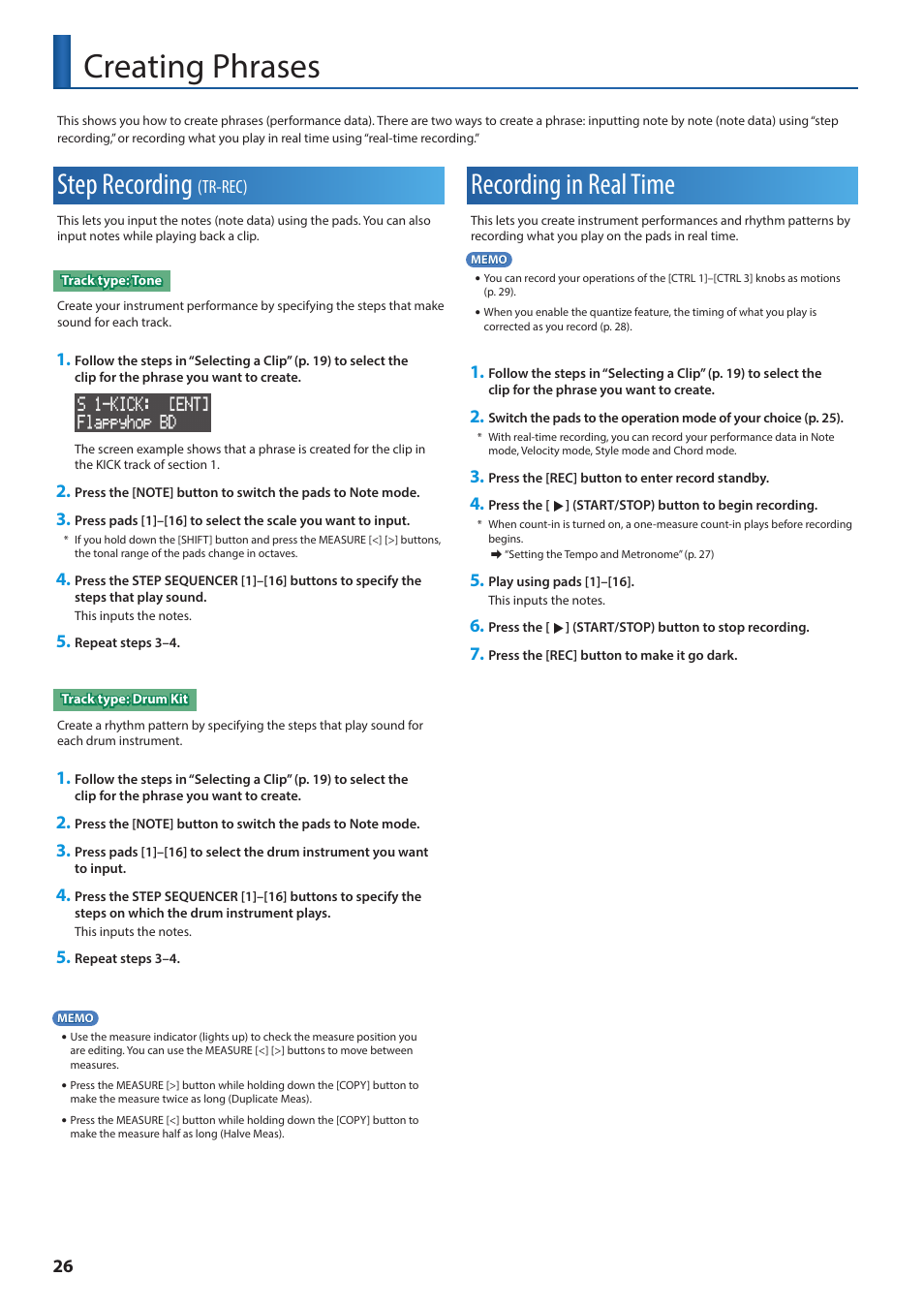 Creating phrases, Step recording (tr-rec), Recording in real time | Step recording, Tr-rec) | Roland VERSELAB MV1 Music Production Workstation User Manual | Page 26 / 48