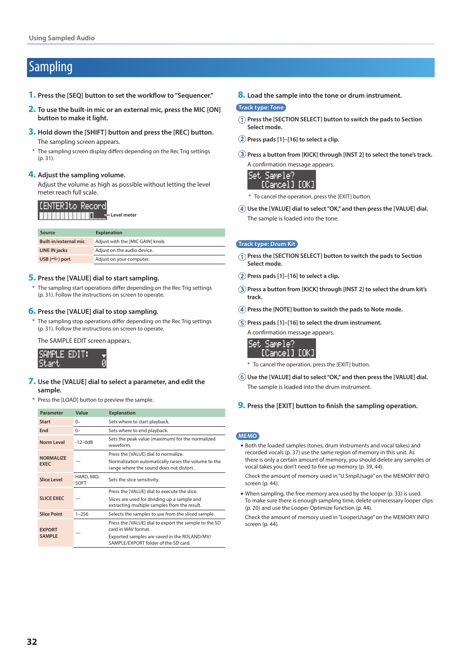 Sampling | Roland VERSELAB MV1 Music Production Workstation User Manual | Page 32 / 48