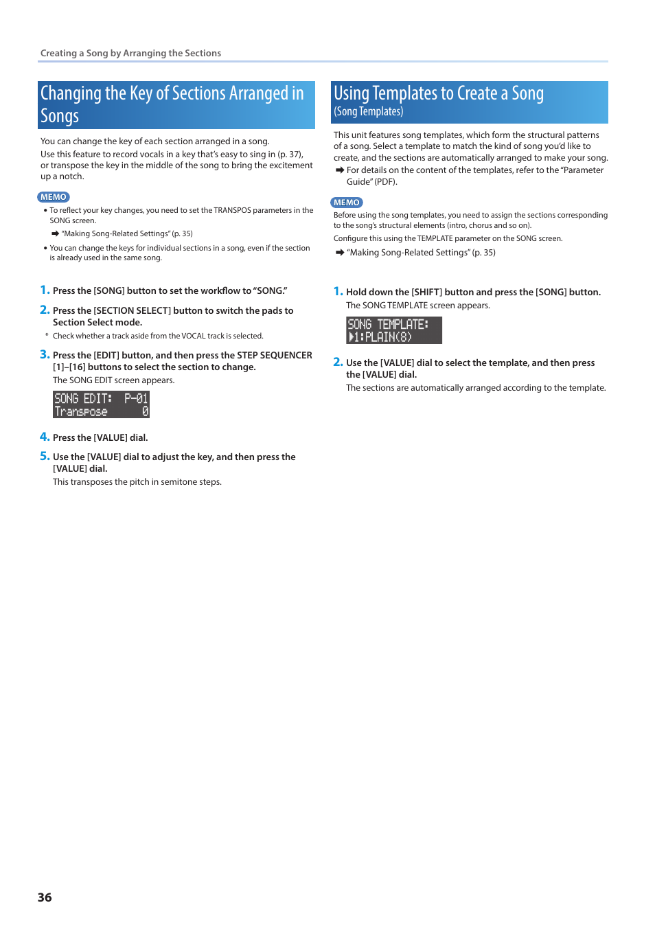 Changing the key of sections arranged in songs, Using templates to create a song (song templates), Using templates to create a song | Song templates) | Roland VERSELAB MV1 Music Production Workstation User Manual | Page 36 / 48