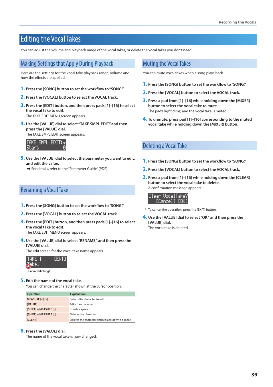 Editing the vocal takes, Making settings that apply during playback, Renaming a vocal take | Muting the vocal takes, Deleting a vocal take, Y (p. 39, 44), T need (p. 39, 44) | Roland VERSELAB MV1 Music Production Workstation User Manual | Page 39 / 48