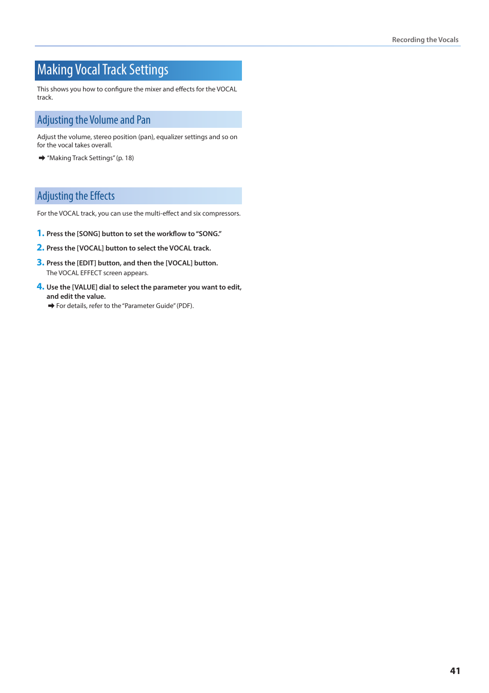 Making vocal track settings, Adjusting the volume and pan, Adjusting the effects | Roland VERSELAB MV1 Music Production Workstation User Manual | Page 41 / 48