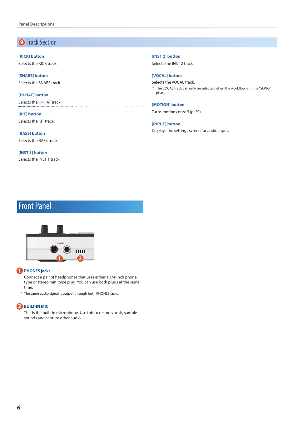 Front panel | Roland VERSELAB MV1 Music Production Workstation User Manual | Page 6 / 48