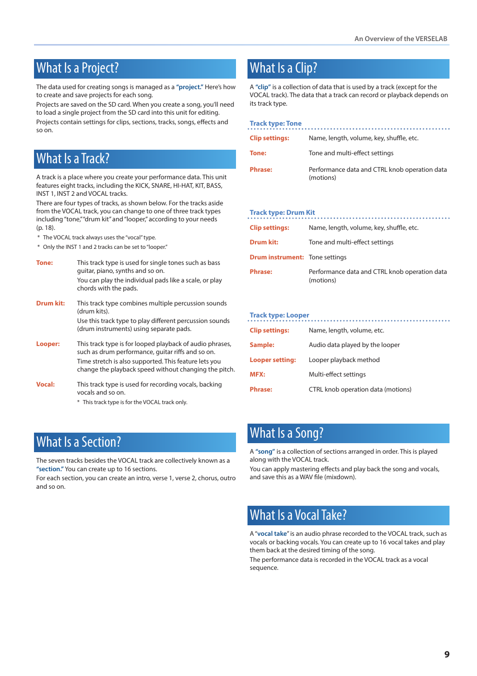 What is a project, What is a track, What is a section | What is a clip, What is a song, What is a vocal take | Roland VERSELAB MV1 Music Production Workstation User Manual | Page 9 / 48