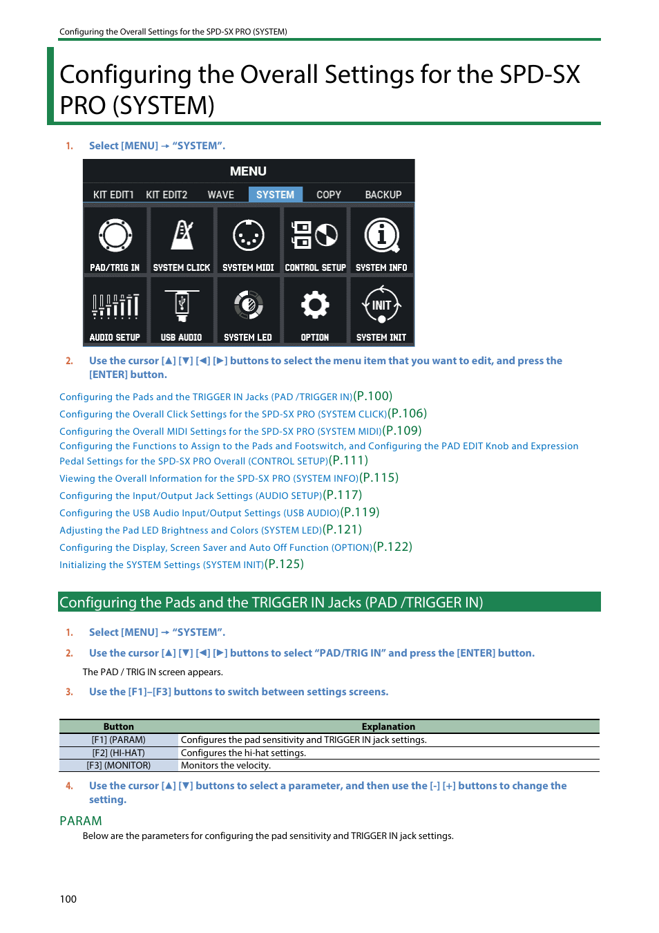 Configuring the pads and the trigger in jacks (pad, Trigger in) | Roland SPD-SX PRO Sampling Pad with 32GB Internal Memory User Manual | Page 100 / 200