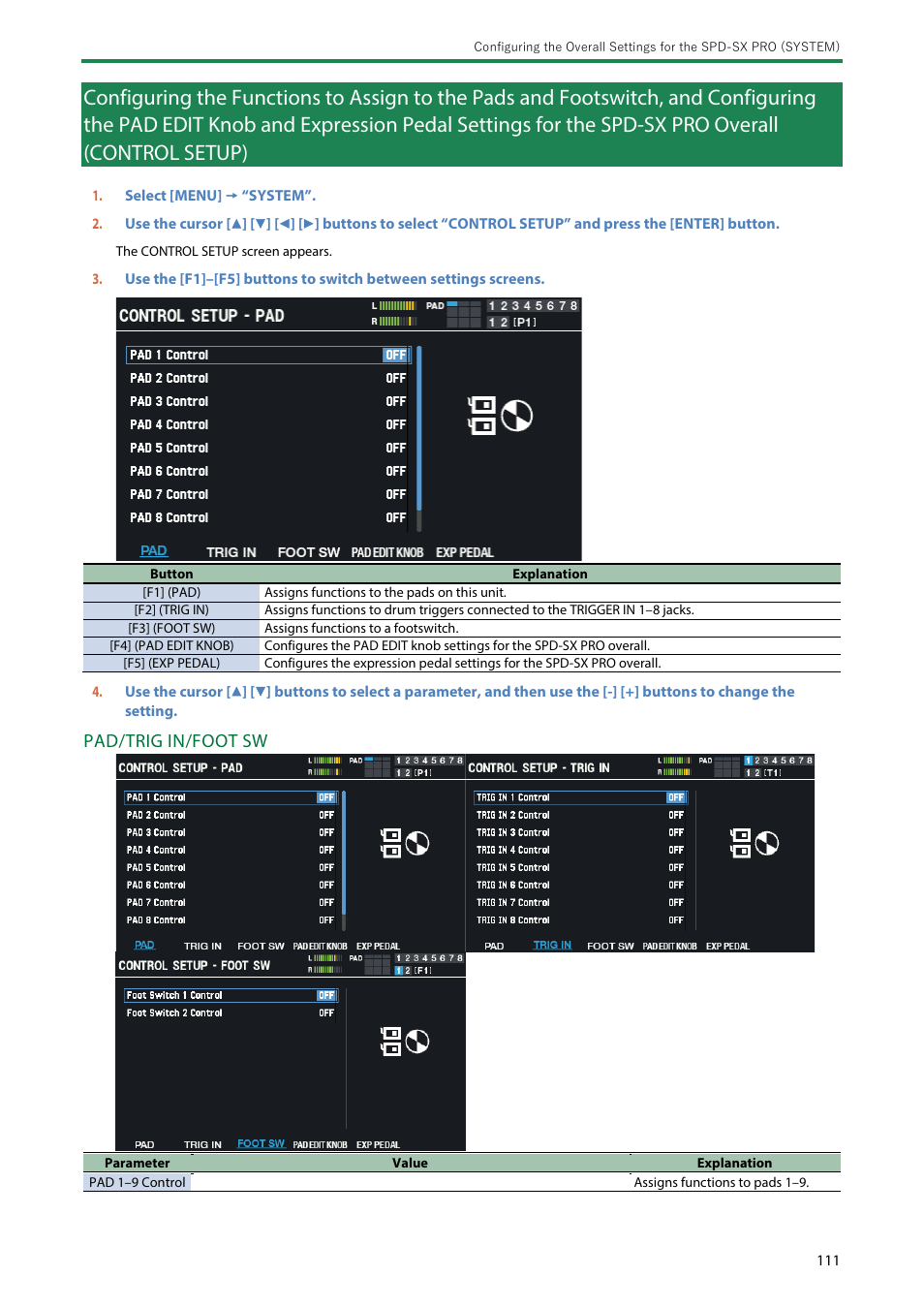 Footswitch, and configuring the pad edit knob and, Pad/trig in/foot sw | Roland SPD-SX PRO Sampling Pad with 32GB Internal Memory User Manual | Page 111 / 200