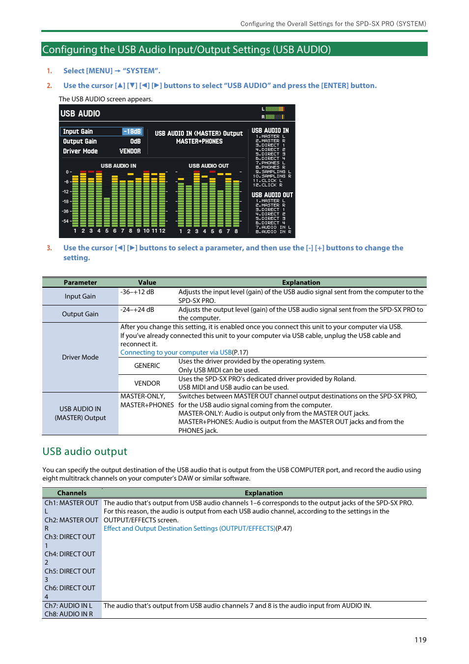 Audio), Usb audio output | Roland SPD-SX PRO Sampling Pad with 32GB Internal Memory User Manual | Page 119 / 200