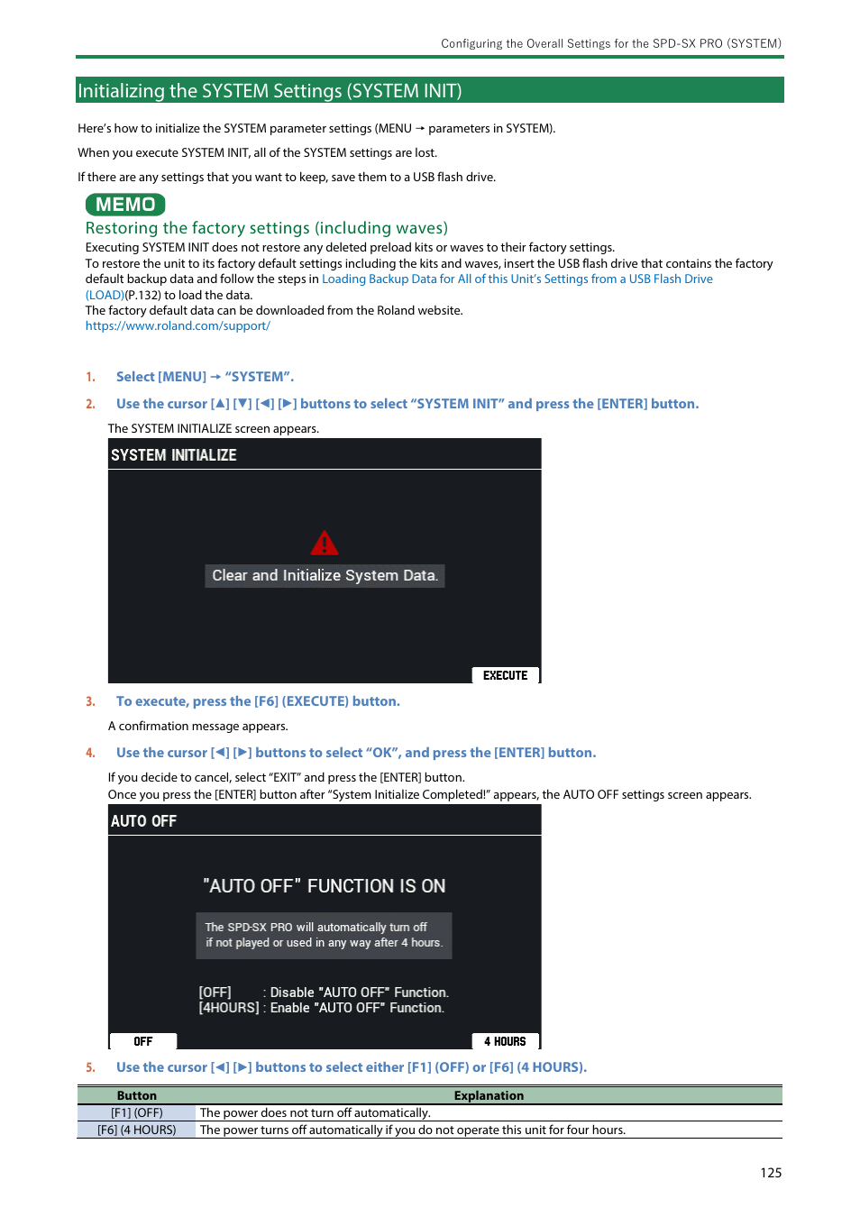 Initializing the system settings (system init), Restoring the factory settings (including waves) | Roland SPD-SX PRO Sampling Pad with 32GB Internal Memory User Manual | Page 125 / 200