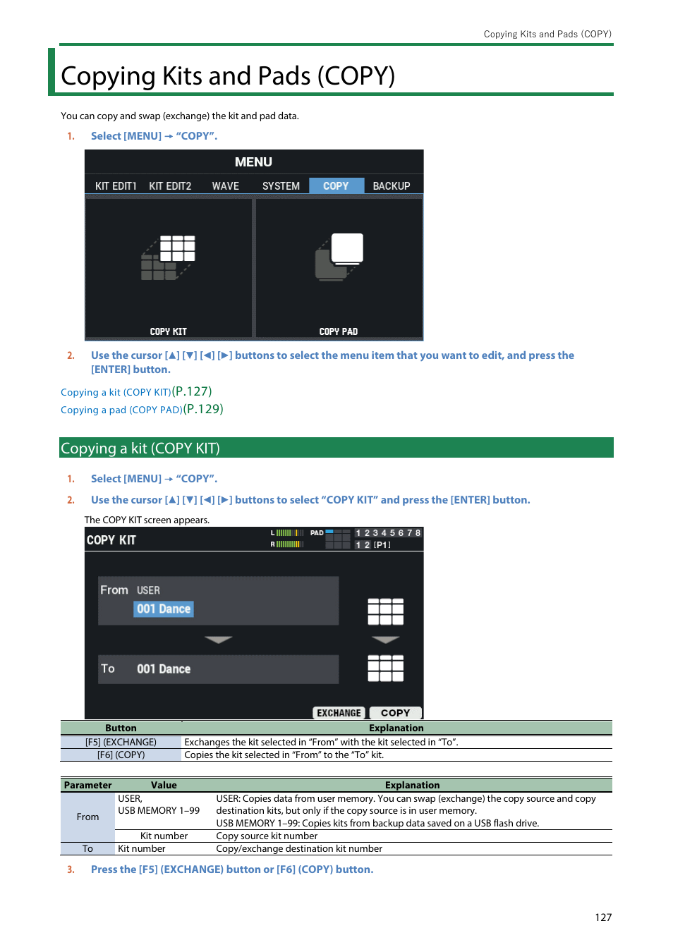 Copying kits and pads (copy), Copying a kit (copy kit), P.127) | P .129) | Roland SPD-SX PRO Sampling Pad with 32GB Internal Memory User Manual | Page 127 / 200