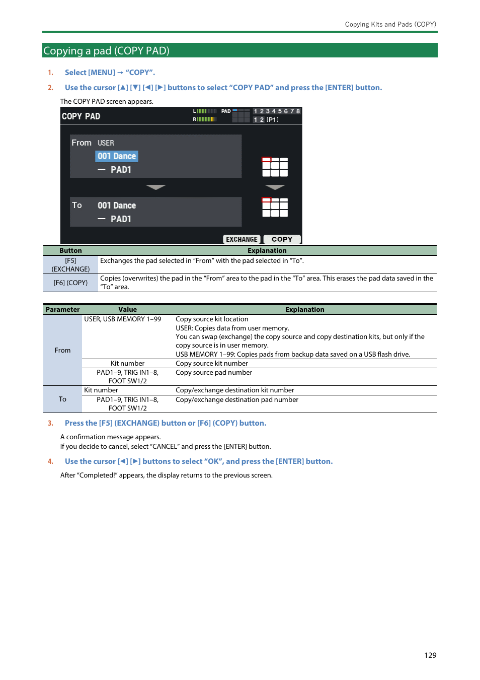 Copying a pad (copy pad) | Roland SPD-SX PRO Sampling Pad with 32GB Internal Memory User Manual | Page 129 / 200