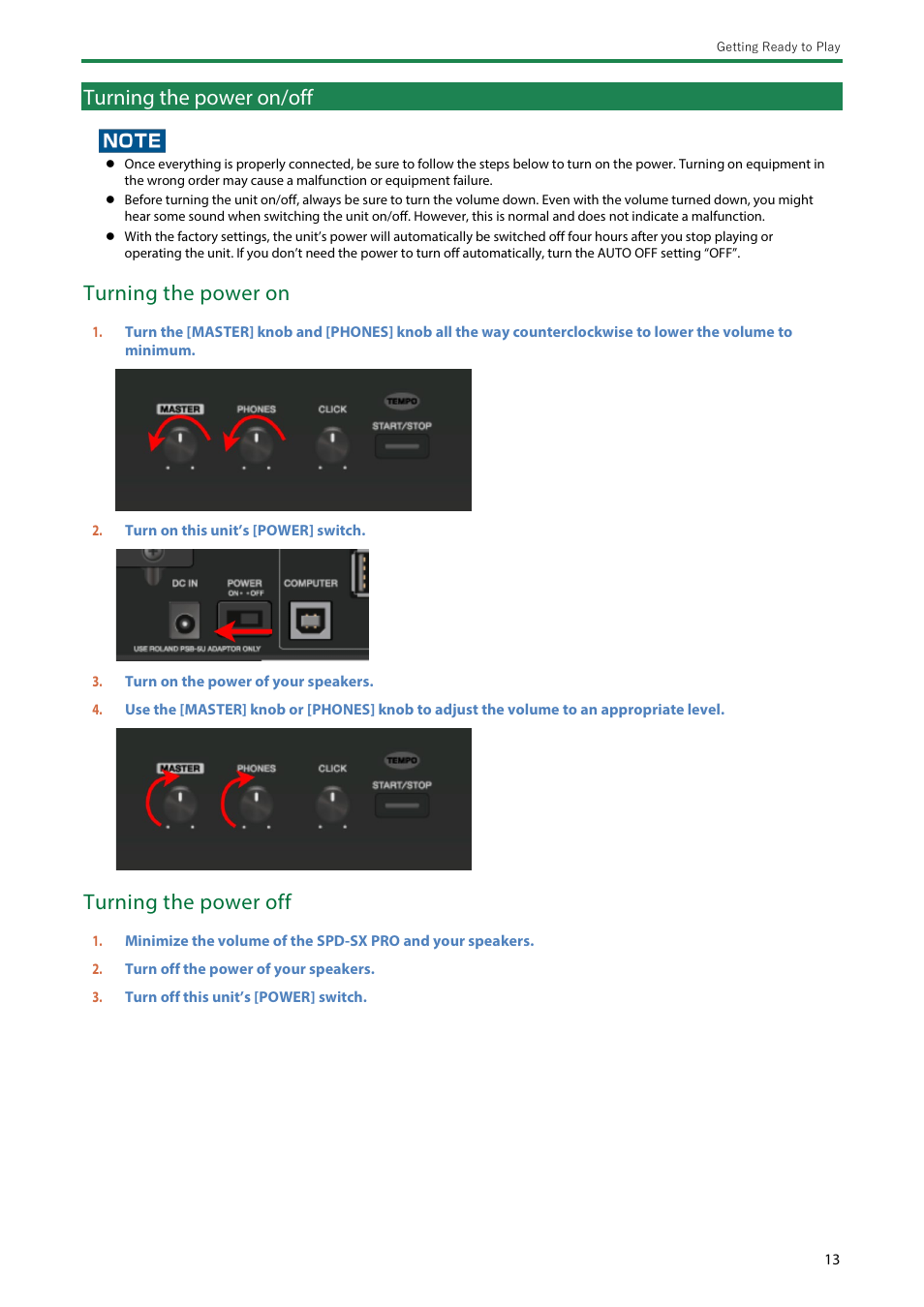 Turning the power on/off, Turning the power on, Turning the power off | Roland SPD-SX PRO Sampling Pad with 32GB Internal Memory User Manual | Page 13 / 200