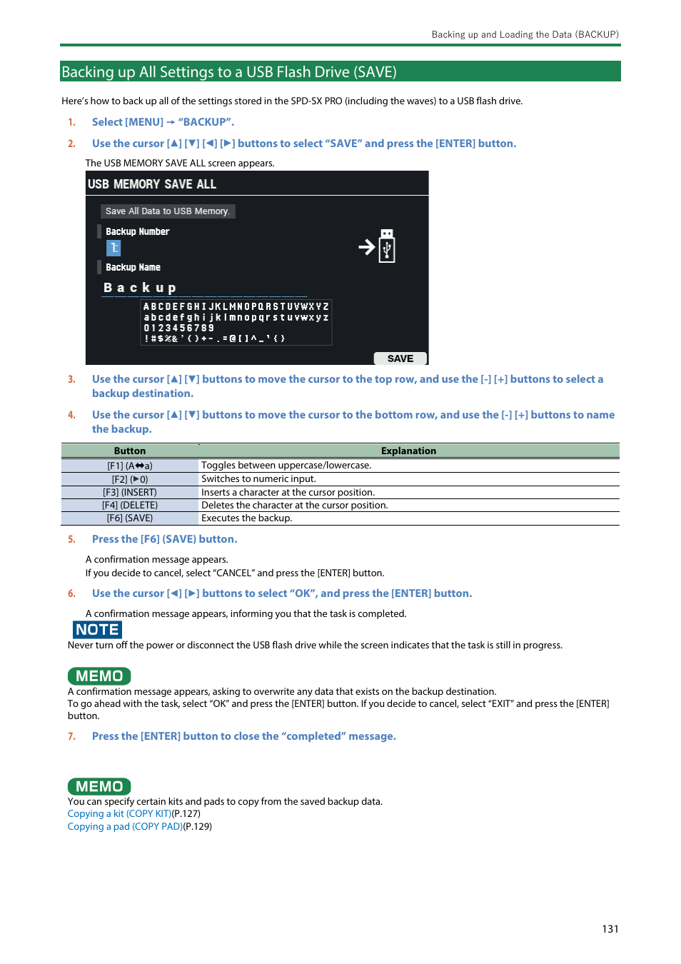 Backing up data to a usb flash drive (save) | Roland SPD-SX PRO Sampling Pad with 32GB Internal Memory User Manual | Page 131 / 200