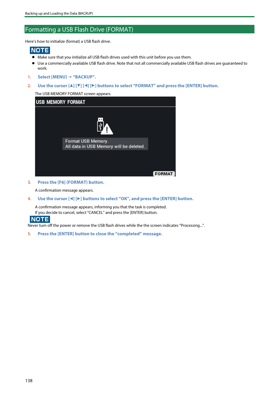 Formatting a usb flash drive (format) | Roland SPD-SX PRO Sampling Pad with 32GB Internal Memory User Manual | Page 138 / 200