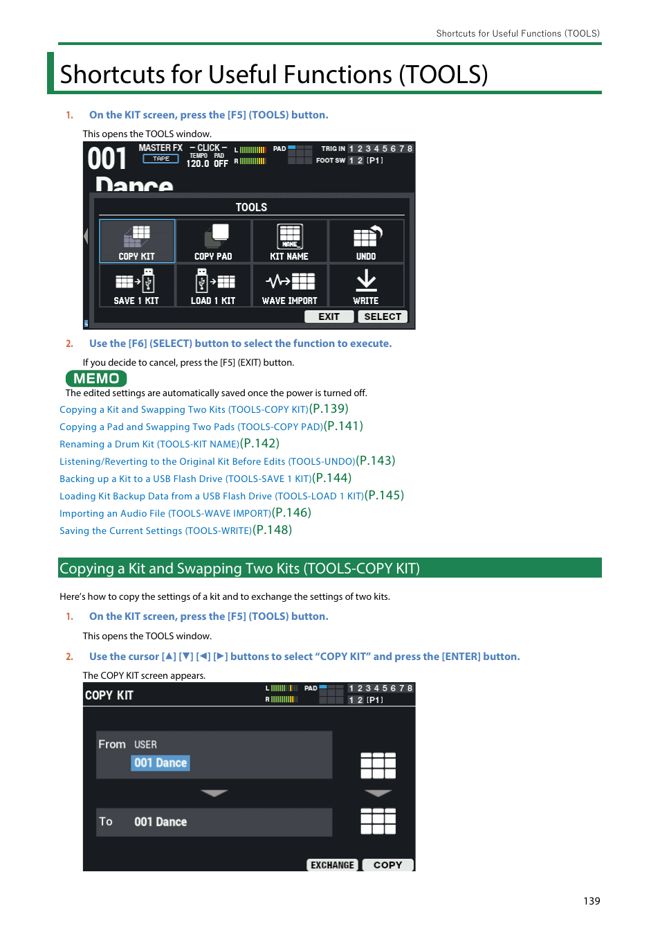 Shortcuts for useful functions (tools) | Roland SPD-SX PRO Sampling Pad with 32GB Internal Memory User Manual | Page 139 / 200