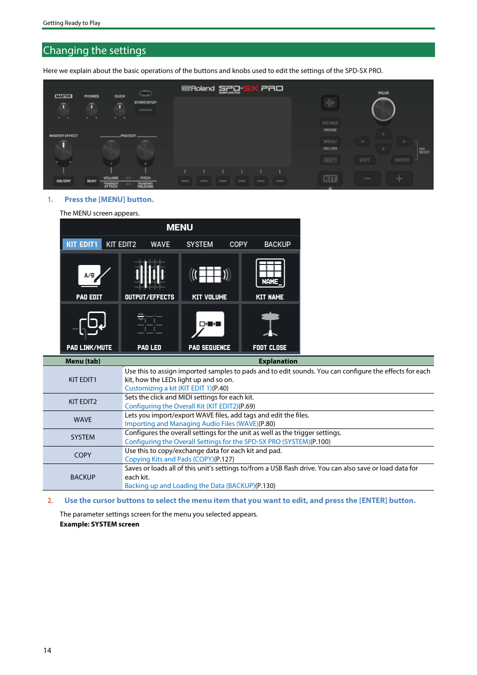 Changing the settings | Roland SPD-SX PRO Sampling Pad with 32GB Internal Memory User Manual | Page 14 / 200