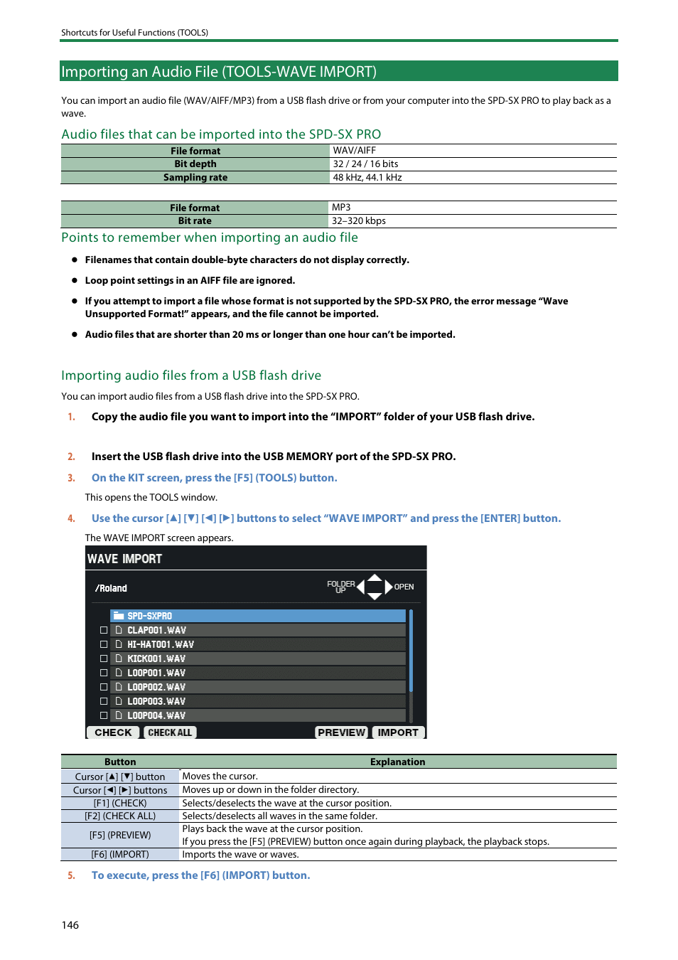 Importing an audio file (tools-wave import), Points to remember when importing an audio file, Importing audio files from a usb flash drive | Roland SPD-SX PRO Sampling Pad with 32GB Internal Memory User Manual | Page 146 / 200