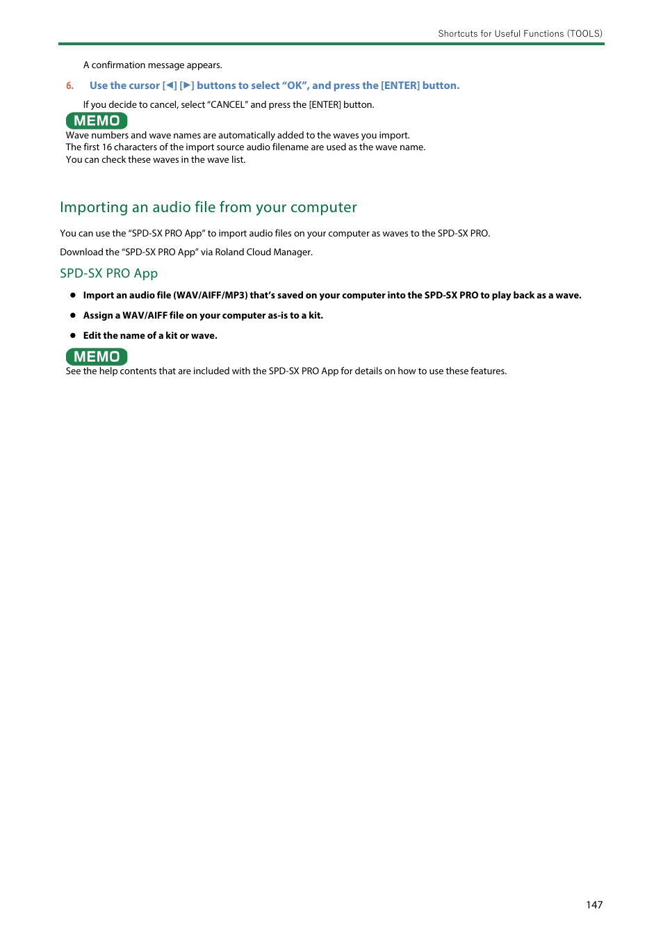 Importing an audio file from your computer, Spd-sx pro app | Roland SPD-SX PRO Sampling Pad with 32GB Internal Memory User Manual | Page 147 / 200