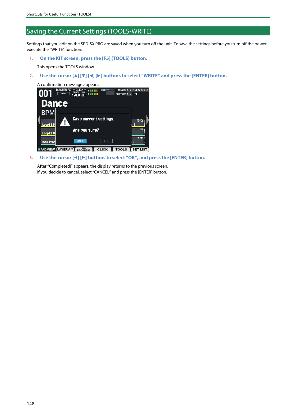 Saving the current settings (tools-write) | Roland SPD-SX PRO Sampling Pad with 32GB Internal Memory User Manual | Page 148 / 200