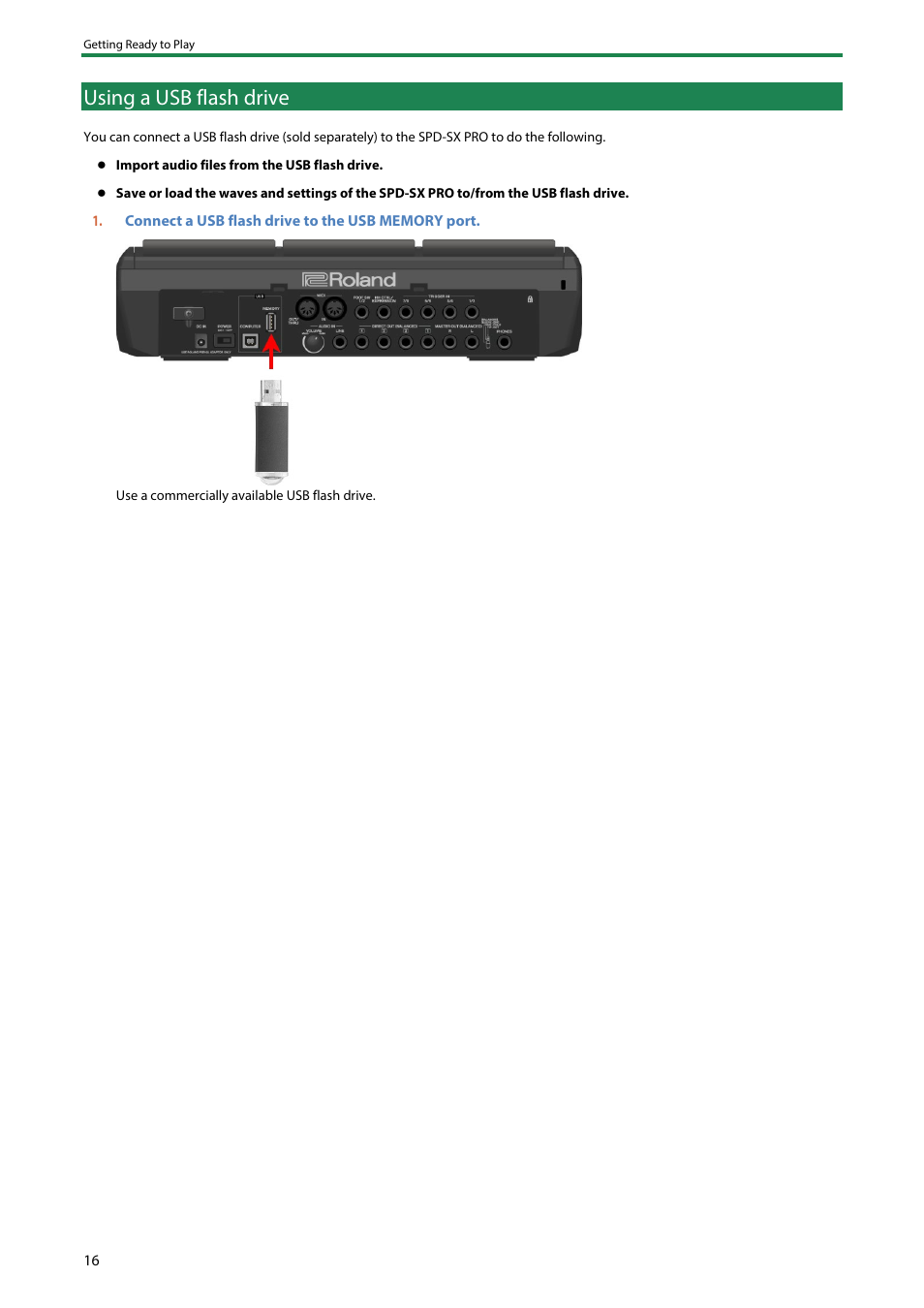 Using a usb flash drive | Roland SPD-SX PRO Sampling Pad with 32GB Internal Memory User Manual | Page 16 / 200