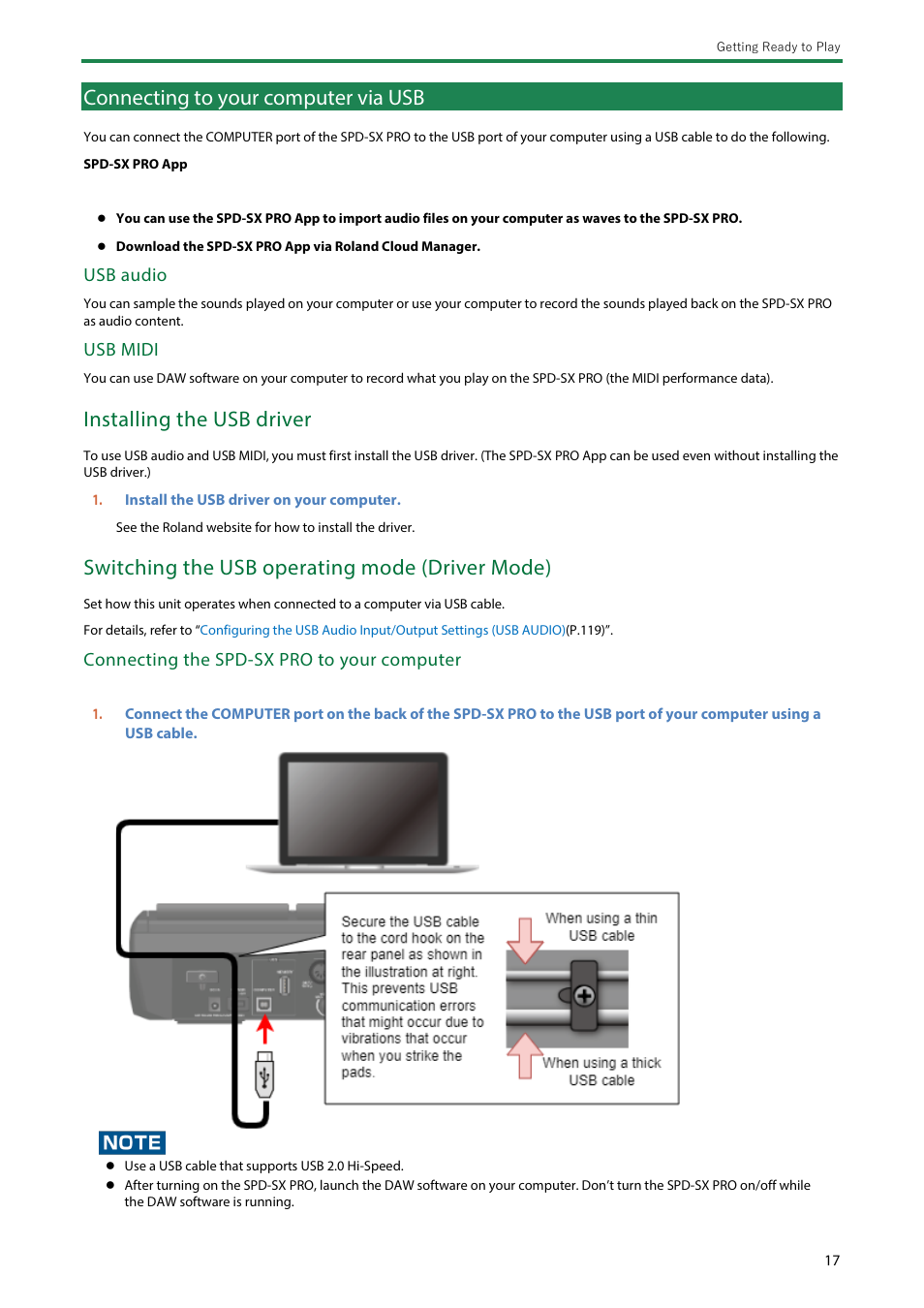 Connecting to your computer via usb, Installing the usb driver, Switching the usb operating mode (driver mode) | Usb audio, Usb midi, Connecting the spd-sx pro to your computer | Roland SPD-SX PRO Sampling Pad with 32GB Internal Memory User Manual | Page 17 / 200