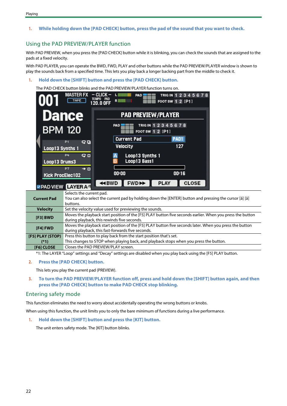 Using the pad preview/player function, Entering safety mode | Roland SPD-SX PRO Sampling Pad with 32GB Internal Memory User Manual | Page 22 / 200