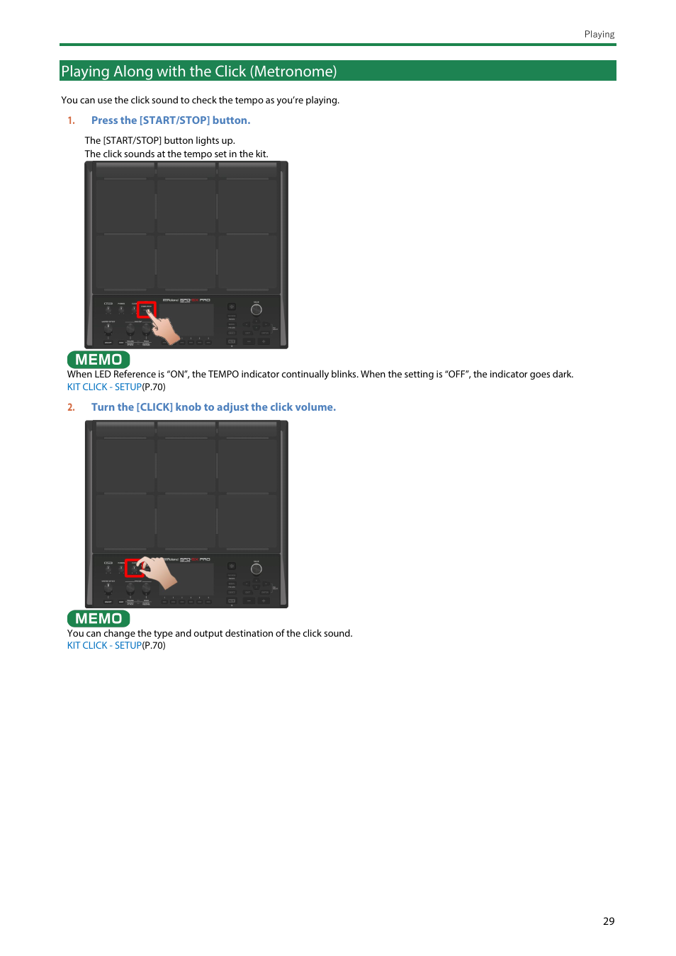 Playing along with the click (metronome) | Roland SPD-SX PRO Sampling Pad with 32GB Internal Memory User Manual | Page 29 / 200