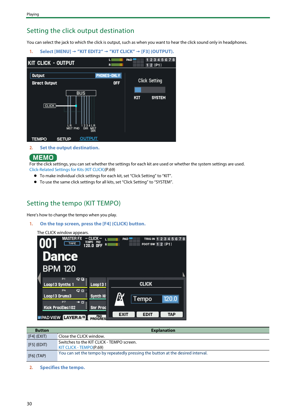 Setting the click output destination, Setting the tempo (kit tempo) | Roland SPD-SX PRO Sampling Pad with 32GB Internal Memory User Manual | Page 30 / 200