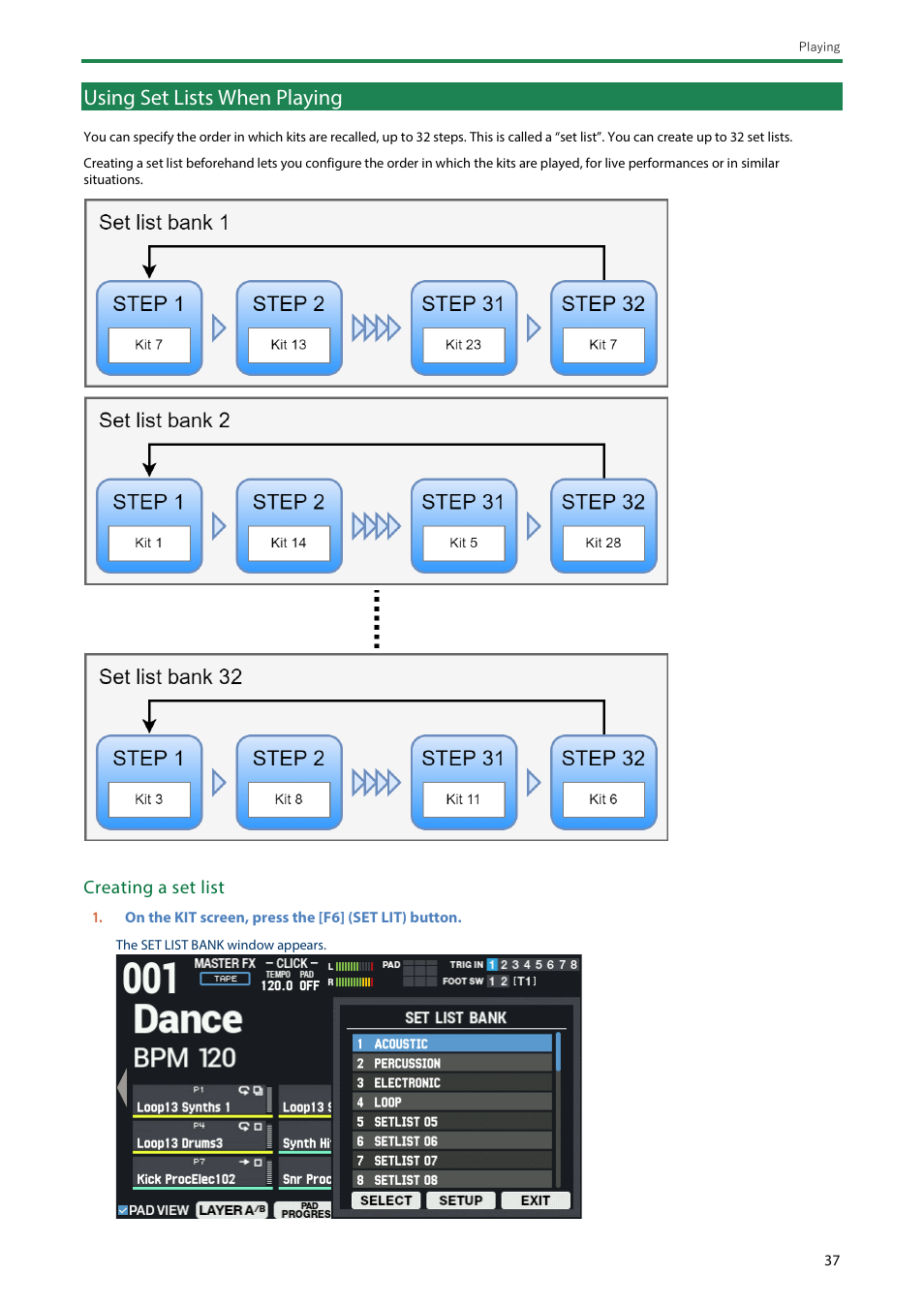 Using set lists when playing, Creating a set list | Roland SPD-SX PRO Sampling Pad with 32GB Internal Memory User Manual | Page 37 / 200