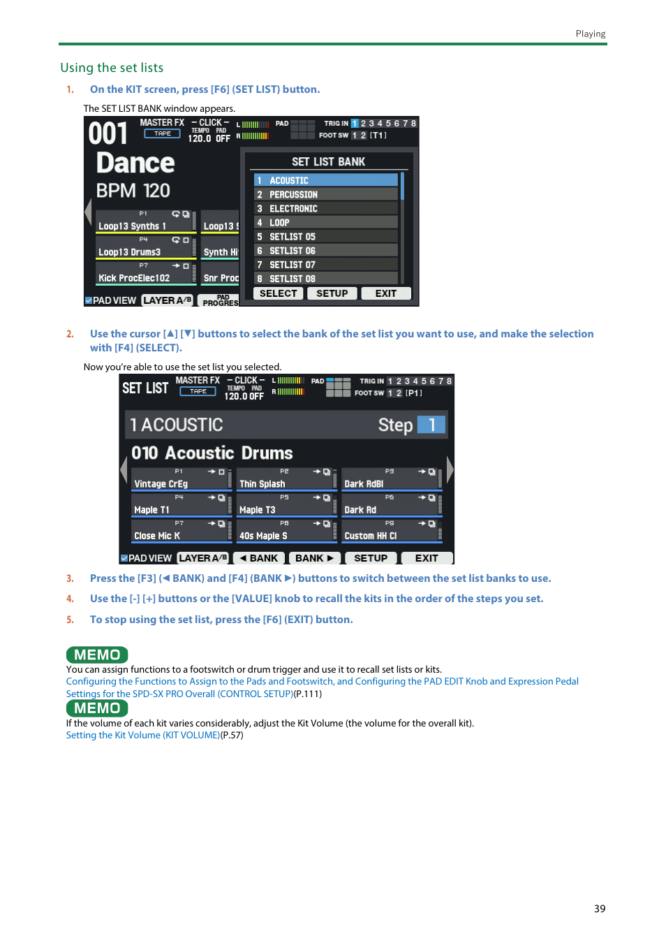 Using the set lists | Roland SPD-SX PRO Sampling Pad with 32GB Internal Memory User Manual | Page 39 / 200