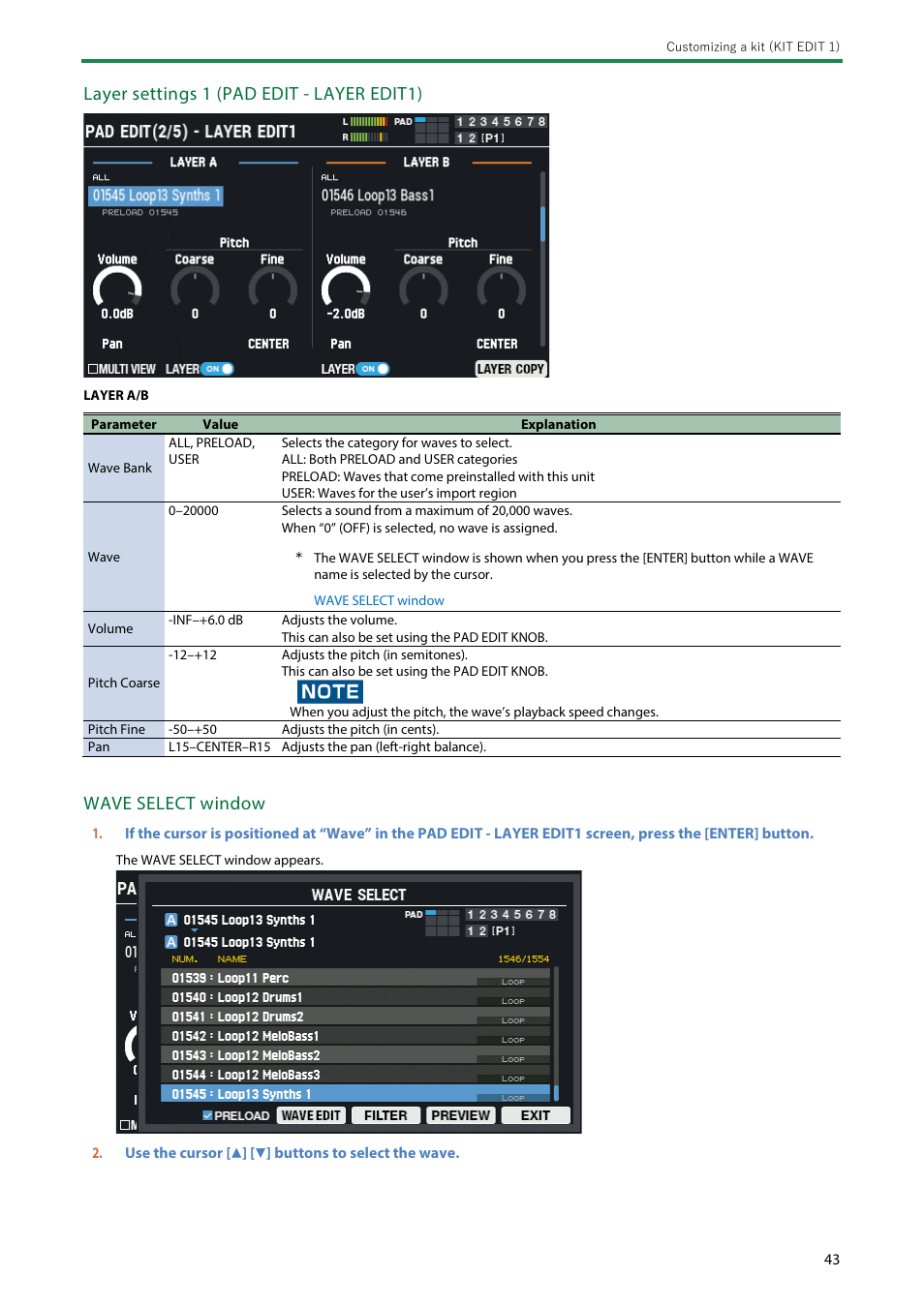 Layer settings 1 (pad edit - layer edit1), Wave select window | Roland SPD-SX PRO Sampling Pad with 32GB Internal Memory User Manual | Page 43 / 200