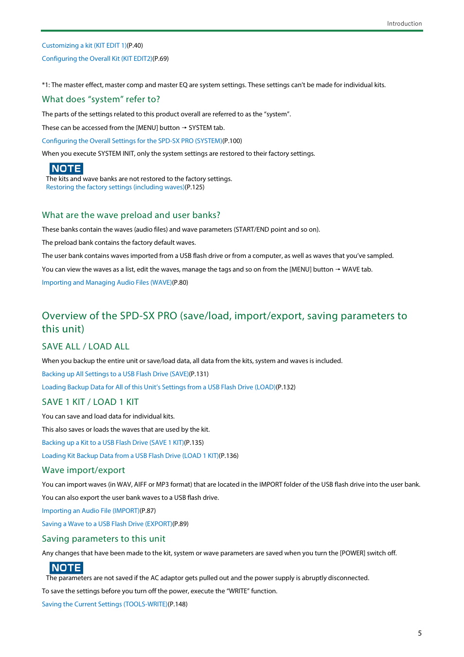 What does “system” refer to, What are the wave preload and user banks, Save all / load all | Save 1 kit / load 1 kit, Wave import/export, Saving parameters to this unit | Roland SPD-SX PRO Sampling Pad with 32GB Internal Memory User Manual | Page 5 / 200