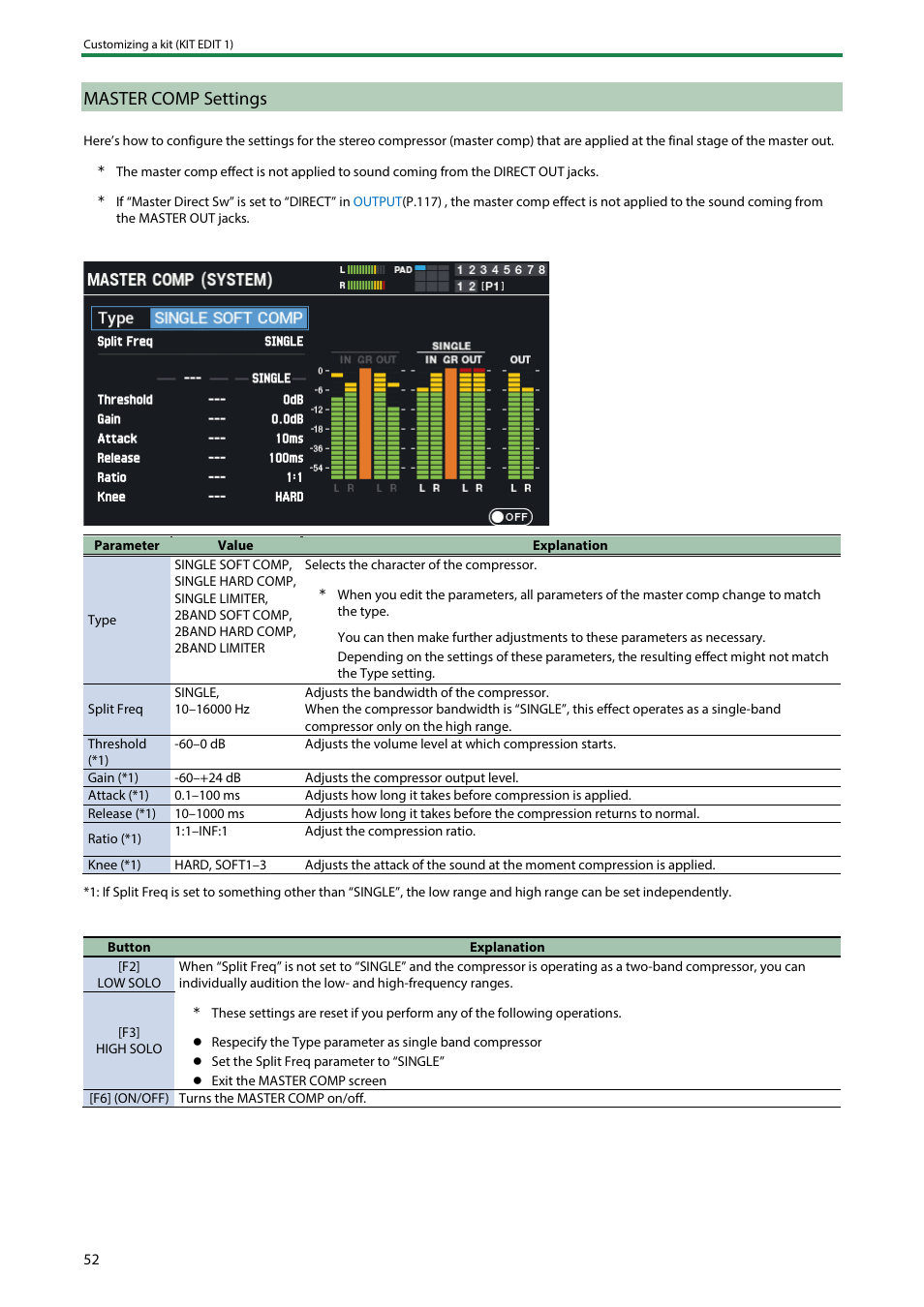 Master comp settings, Master eq, Settings(p | Roland SPD-SX PRO Sampling Pad with 32GB Internal Memory User Manual | Page 52 / 200