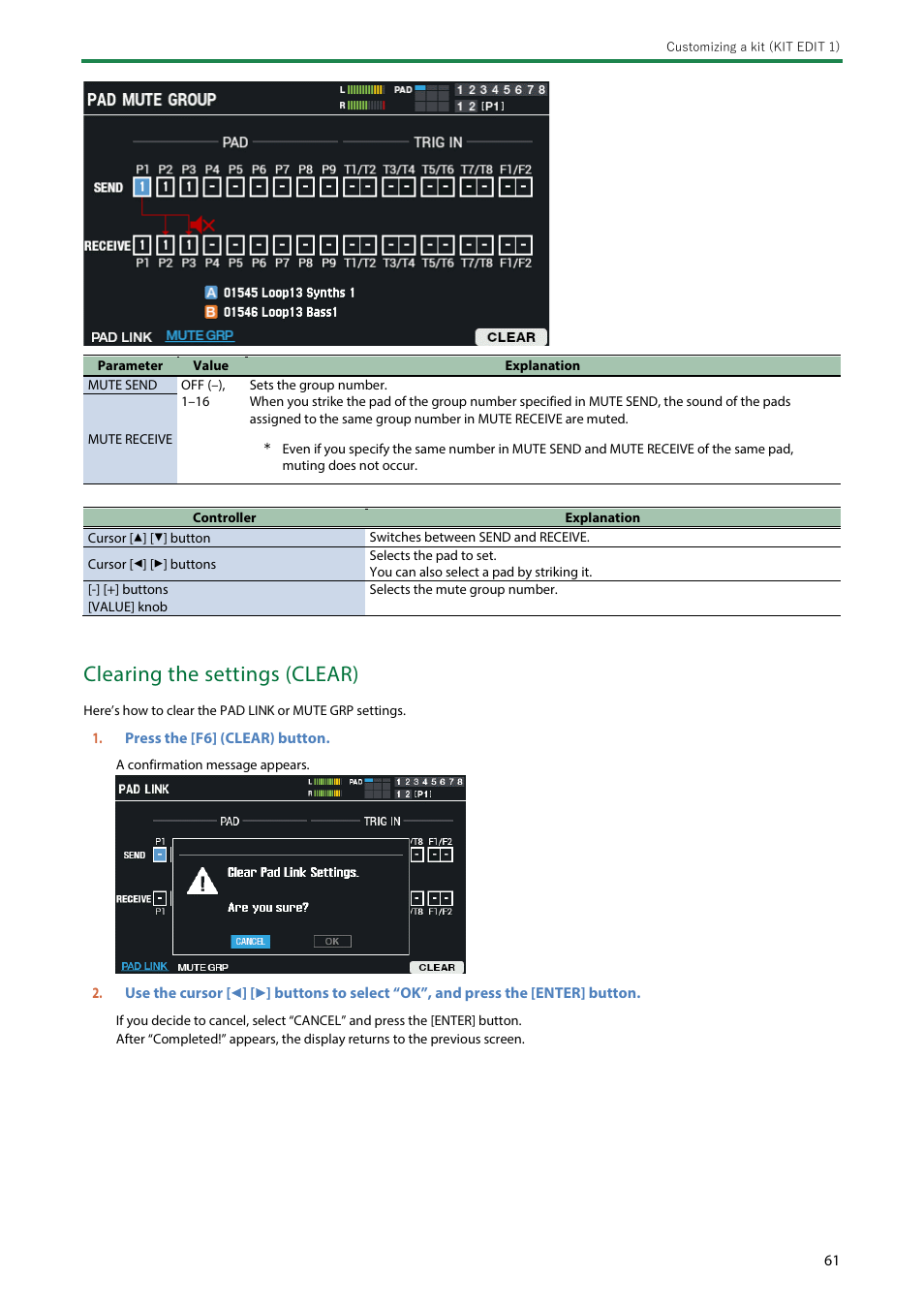 Clearing the settings (clear) | Roland SPD-SX PRO Sampling Pad with 32GB Internal Memory User Manual | Page 61 / 200