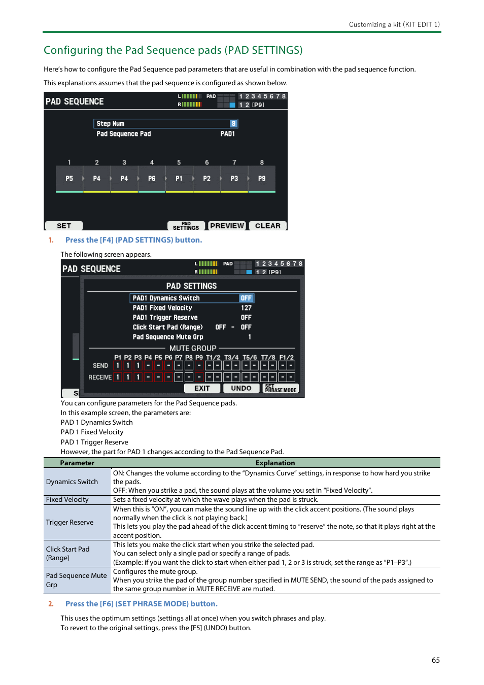 Configuring the pad sequence pads (pad settings) | Roland SPD-SX PRO Sampling Pad with 32GB Internal Memory User Manual | Page 65 / 200