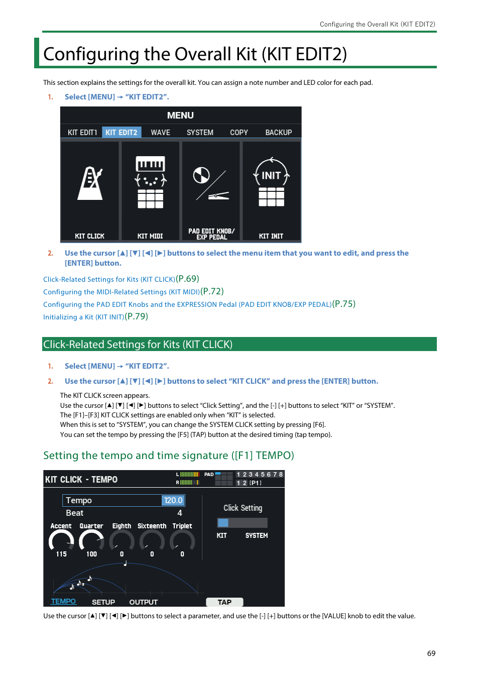 Configuring the overall kit (kit edit2), Click-related settings for kits (kit click), Kit click - tempo | Setting the tempo and time signature ([f1] tempo), P.69), P .72), P .75), P.79) | Roland SPD-SX PRO Sampling Pad with 32GB Internal Memory User Manual | Page 69 / 200