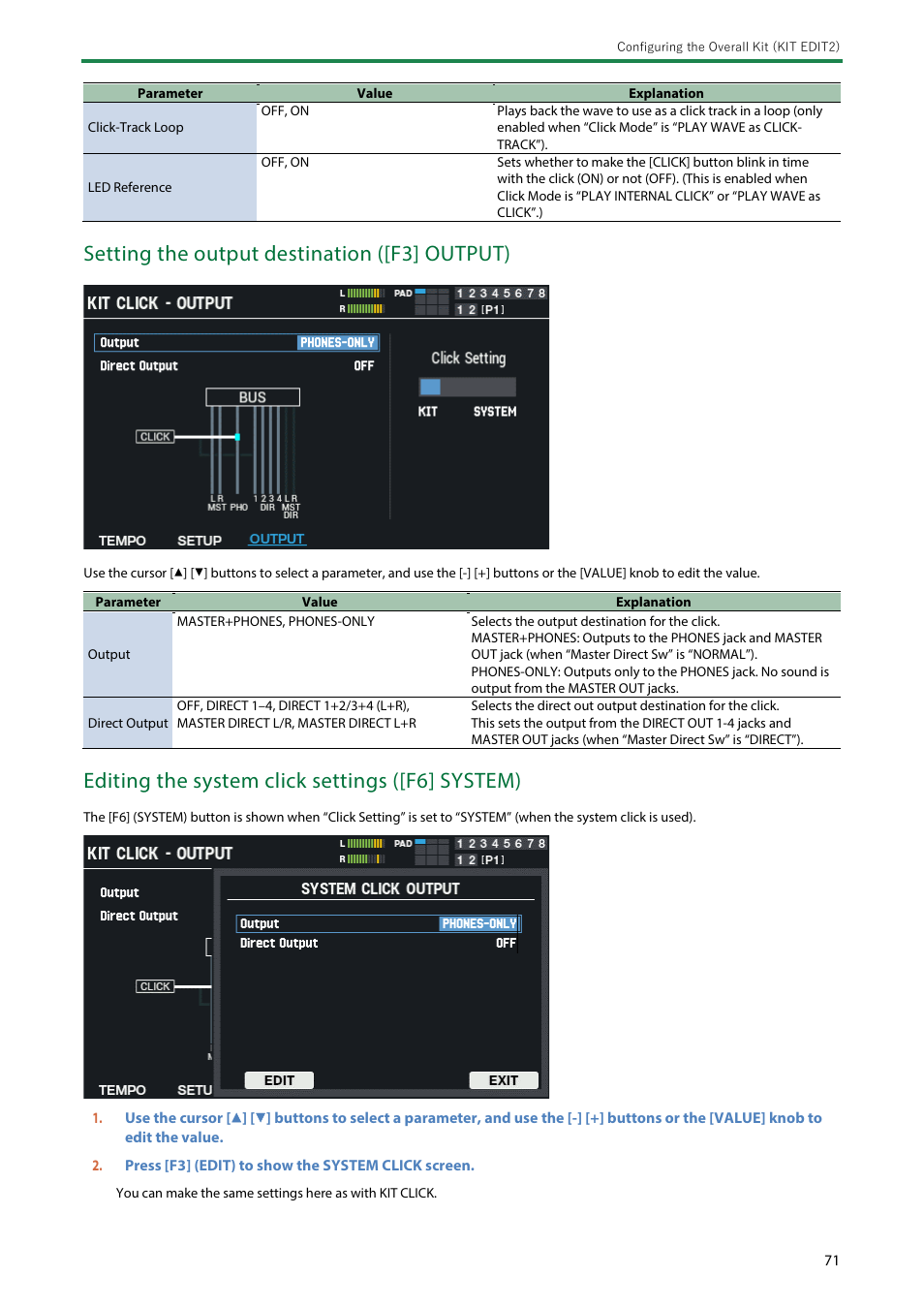 Setting the output destination ([f3] output), Editing the system click settings ([f6] system) | Roland SPD-SX PRO Sampling Pad with 32GB Internal Memory User Manual | Page 71 / 200