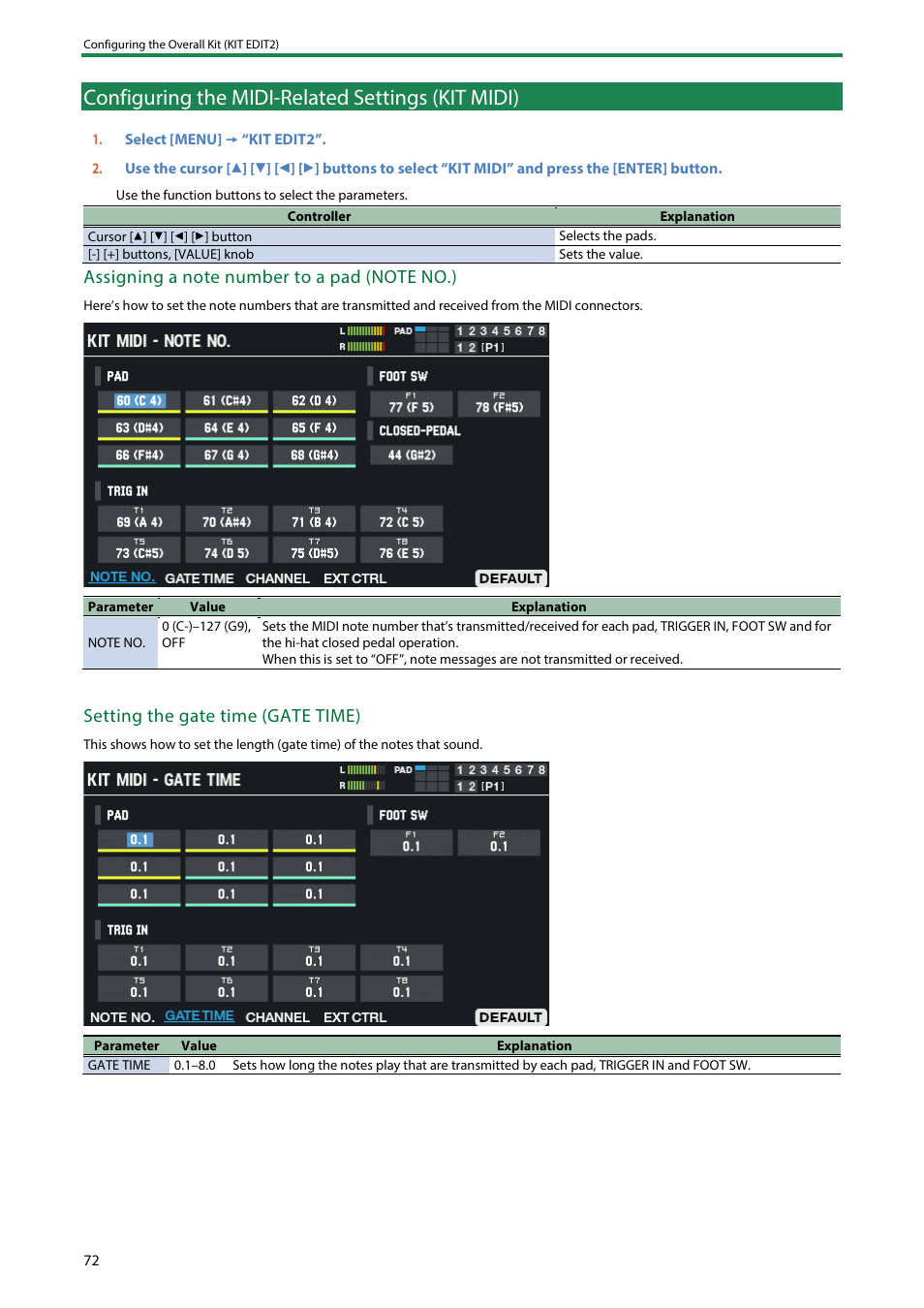 Configuring the midi-related settings (kit midi), Setting the gate time (gate time) | Roland SPD-SX PRO Sampling Pad with 32GB Internal Memory User Manual | Page 72 / 200