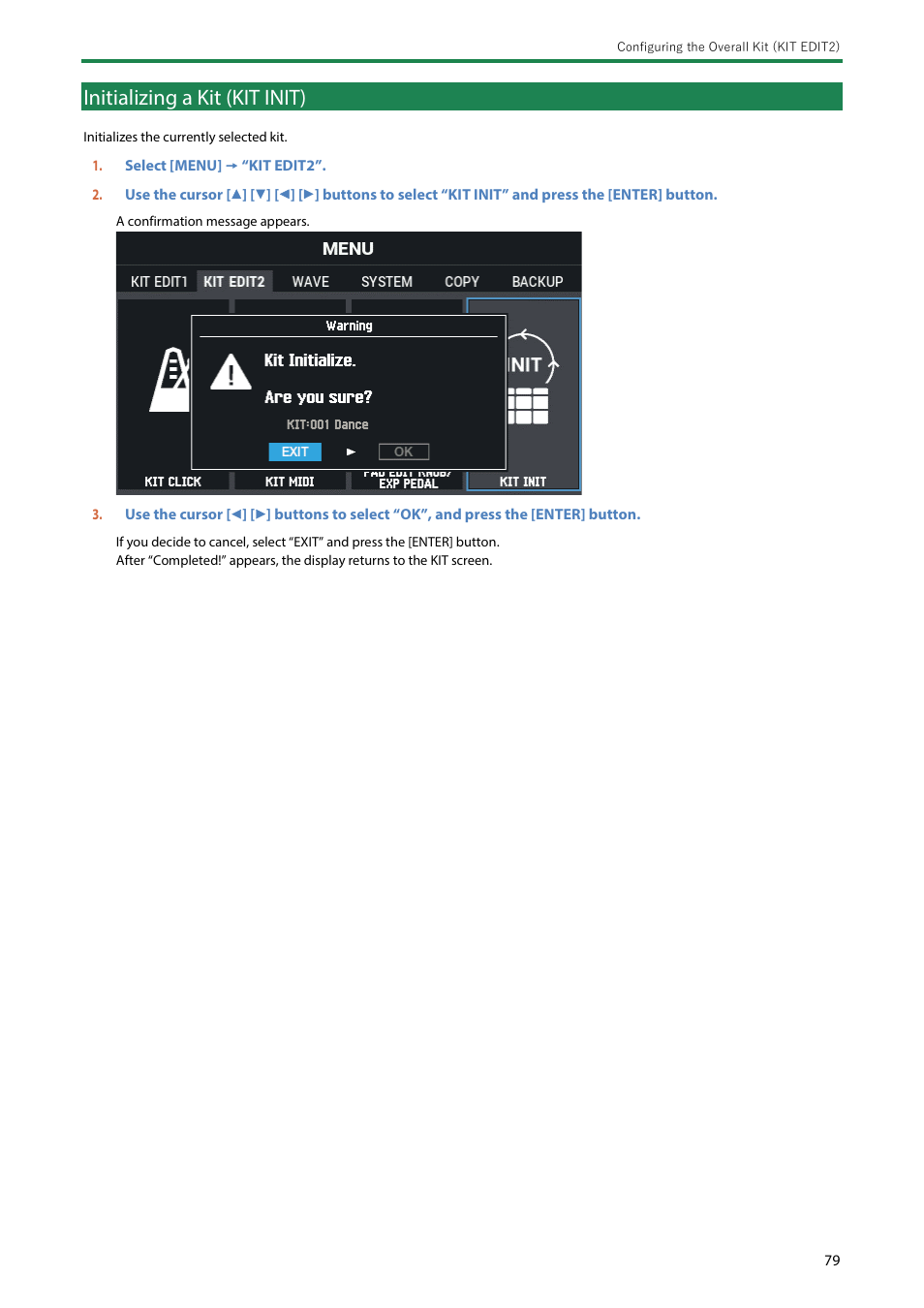 Initializing a kit (kit init) | Roland SPD-SX PRO Sampling Pad with 32GB Internal Memory User Manual | Page 79 / 200