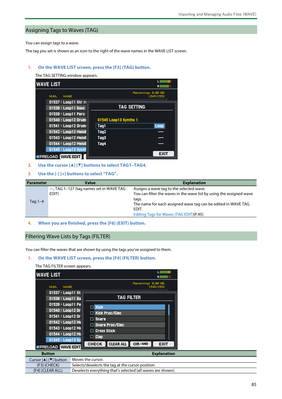 Assigning tags to waves (tag), Filtering wave lists by tags (filter) | Roland SPD-SX PRO Sampling Pad with 32GB Internal Memory User Manual | Page 85 / 200