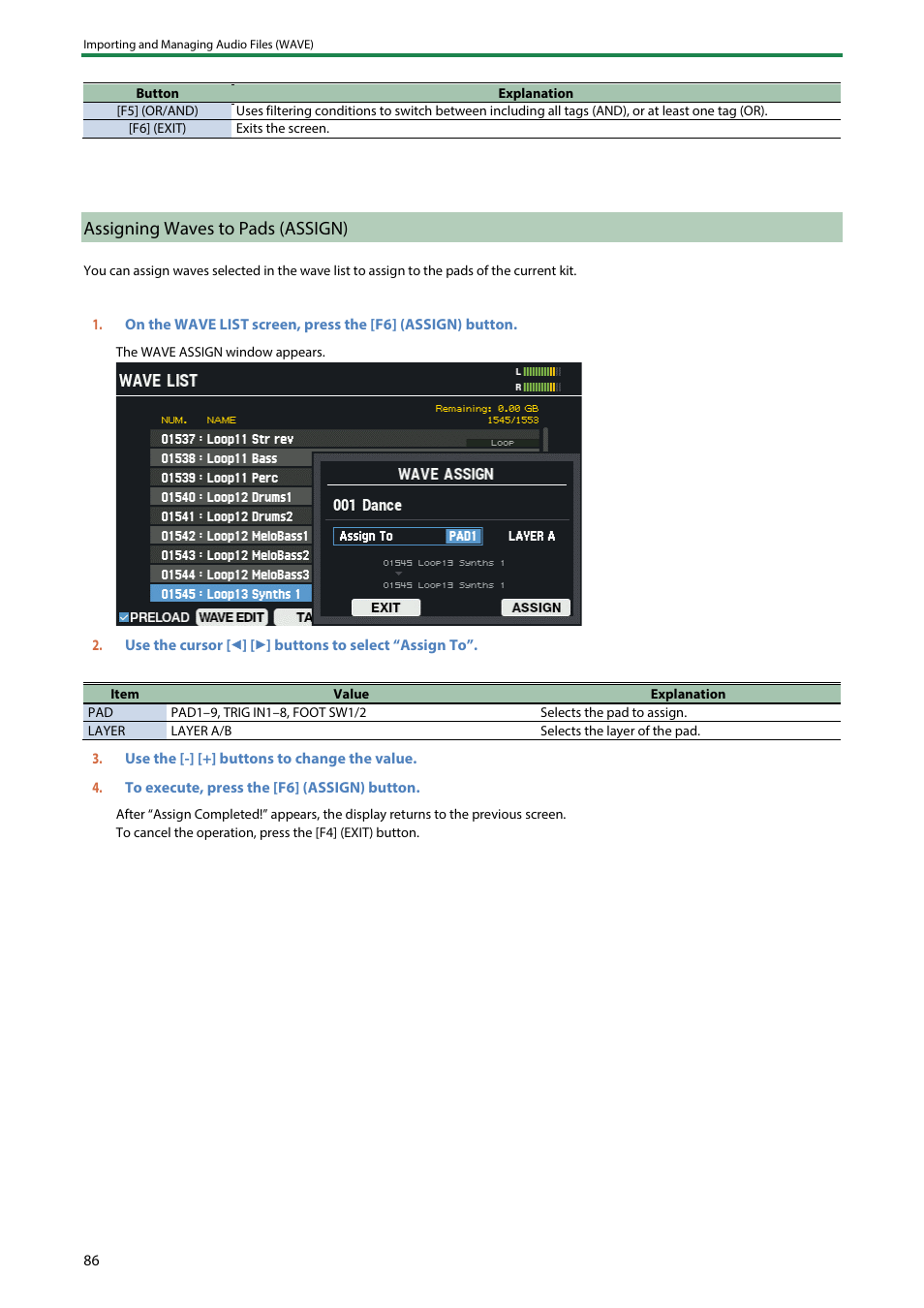Assigning waves to pads (assign) | Roland SPD-SX PRO Sampling Pad with 32GB Internal Memory User Manual | Page 86 / 200