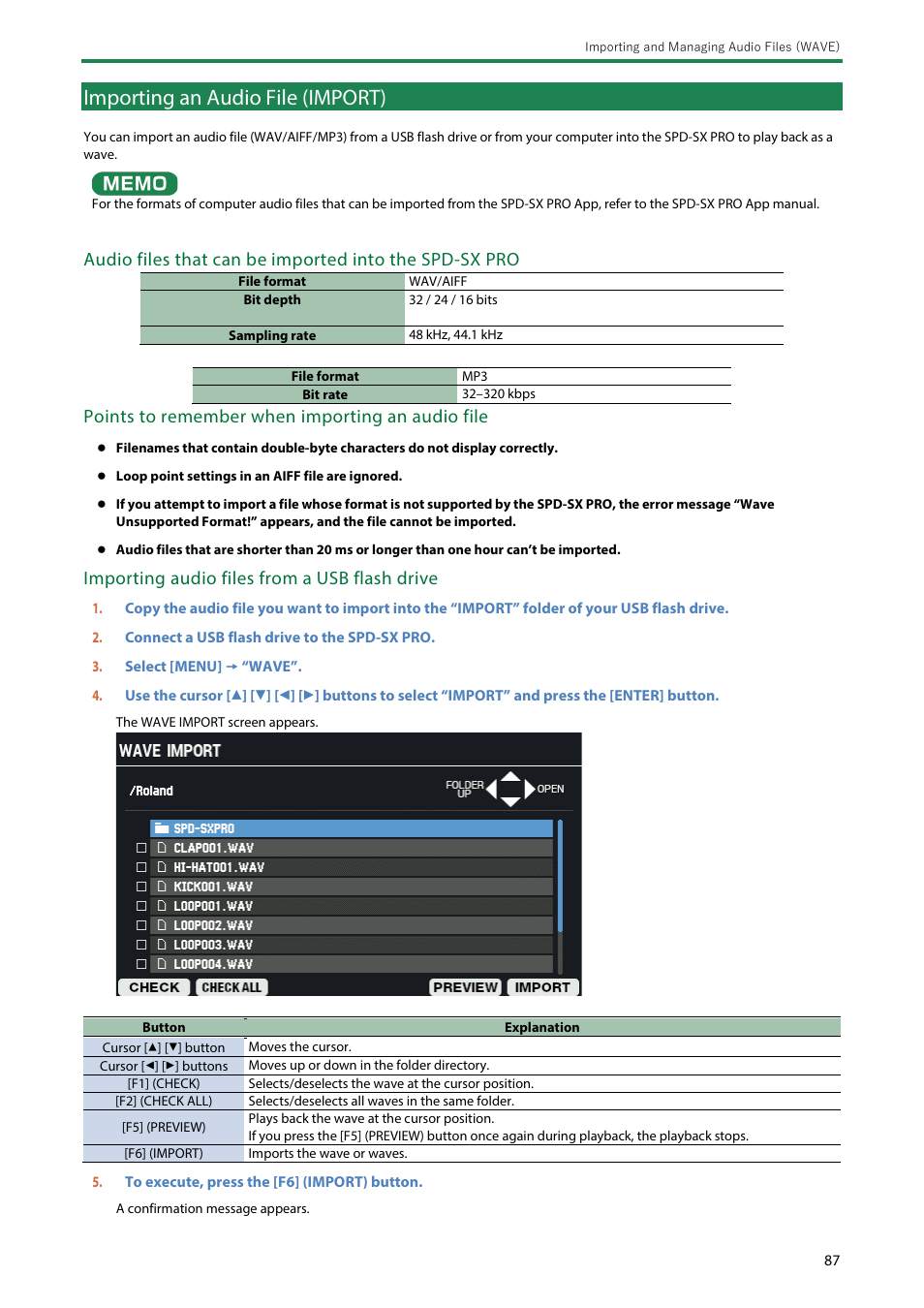 Importing an audio file (import), Points to remember when importing an audio file, Importing audio files from a usb flash drive | Roland SPD-SX PRO Sampling Pad with 32GB Internal Memory User Manual | Page 87 / 200