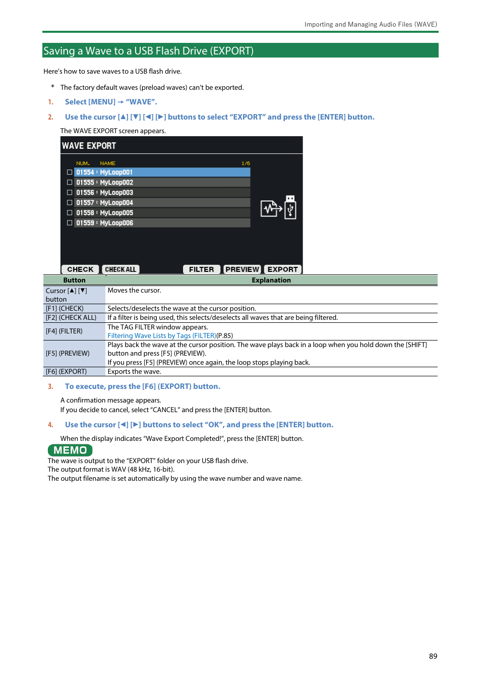 Saving a wave to a usb flash drive (export) | Roland SPD-SX PRO Sampling Pad with 32GB Internal Memory User Manual | Page 89 / 200