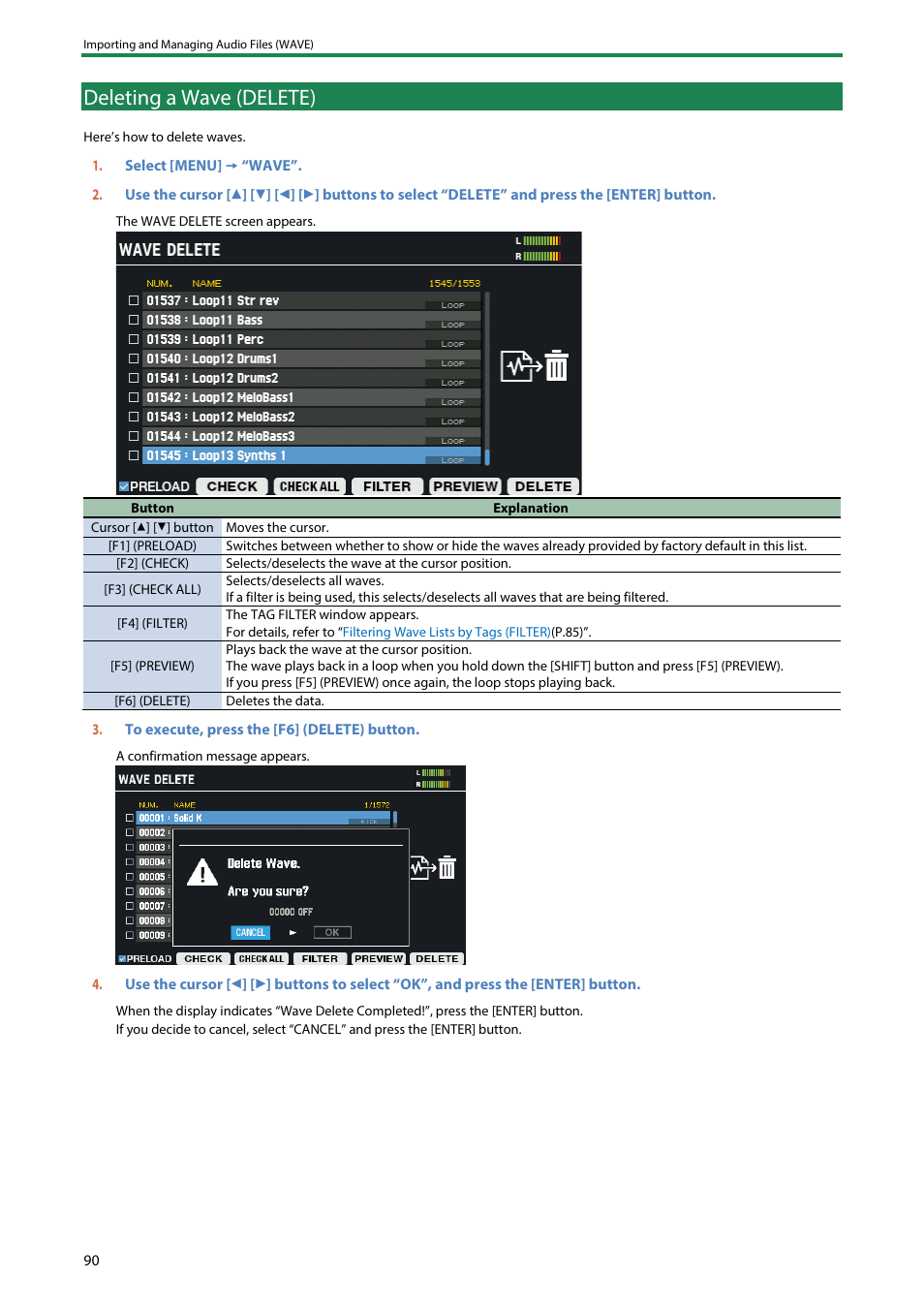 Deleting a wave (delete) | Roland SPD-SX PRO Sampling Pad with 32GB Internal Memory User Manual | Page 90 / 200