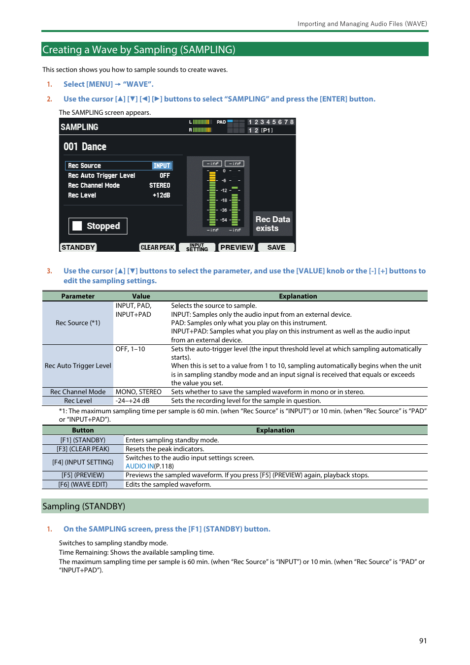 Creating a wave by sampling (sampling), Sampling (standby) | Roland SPD-SX PRO Sampling Pad with 32GB Internal Memory User Manual | Page 91 / 200