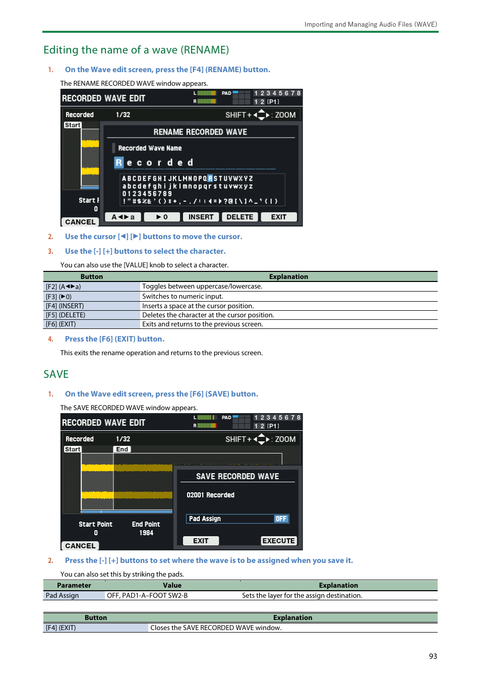 Editing the name of a wave (rename), Save | Roland SPD-SX PRO Sampling Pad with 32GB Internal Memory User Manual | Page 93 / 200
