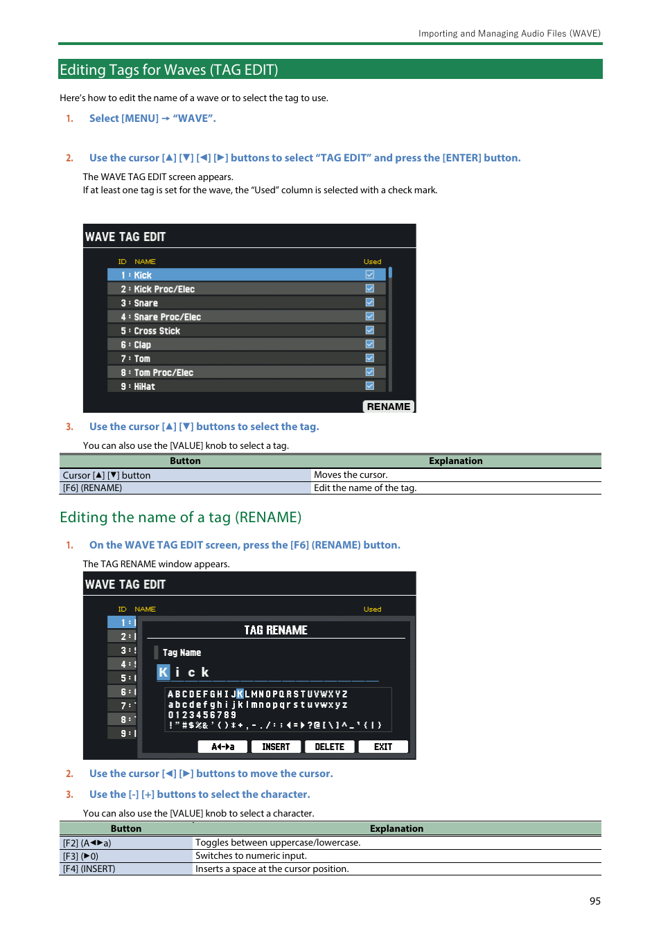 Editing tags for waves (tag edit), Editing the name of a tag (rename) | Roland SPD-SX PRO Sampling Pad with 32GB Internal Memory User Manual | Page 95 / 200