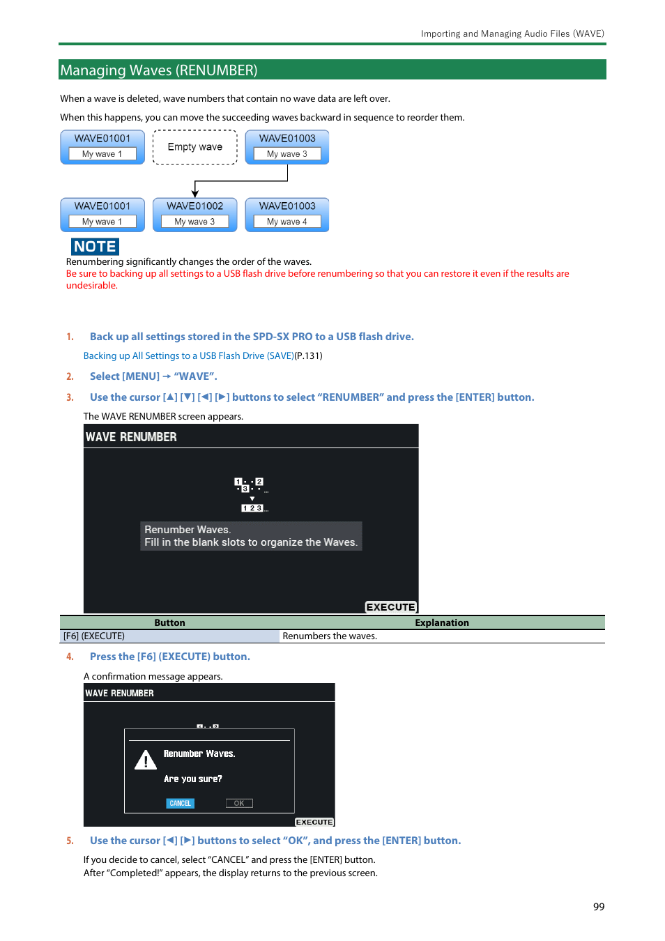 Managing waves (renumber) | Roland SPD-SX PRO Sampling Pad with 32GB Internal Memory User Manual | Page 99 / 200