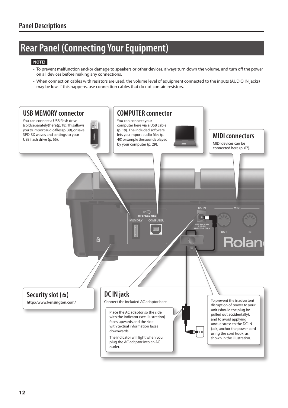 Rear panel (connecting your equipment), P. 12, Panel descriptions | Computer connector, Dc in jack, Security slot ( ), Midi connectors | Roland SPD-SX Sampling Pad with 4GB Internal Memory (Black) User Manual | Page 12 / 80